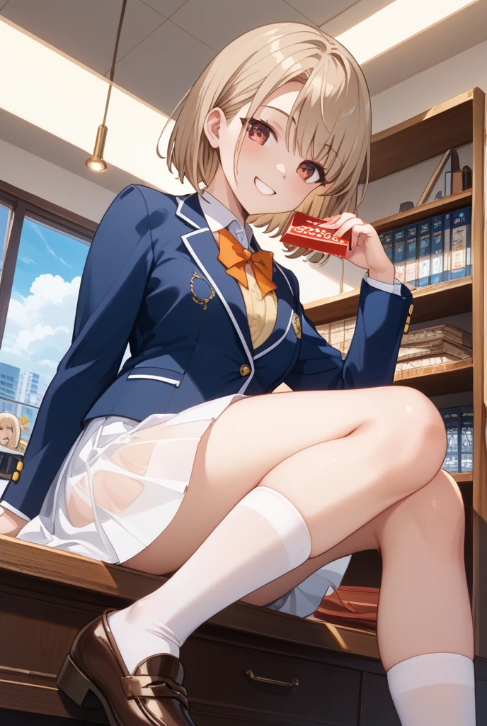 yuiyuigahama, yuigahama yui, short hair, (brown eyes:1.5), (orange hair:1.2), hair bun, single hair bun, BREAK skirt, shirt, ribbon, school uniform, jacket, white shirt, black jacket, blazer, sobu high school uniform, BREAK indoors, school, BREAK looking at viewer, BREAK (masterpiece:1.2), best quality, high resolution, unity 8k wallpaper, (illustration:0.8), (beautiful detailed eyes:1.6), extremely detailed face, perfect lighting, extremely detailed CG, (perfect hands, perfect anatomy),(white panties:1.5), perineum, groin, small breasts, (sitting on floor), skirt lift, (knee up, spread legs:1.5), (short, tiny, little:1.5), smile, open mouth, from below, cowboy shot, dutch angle