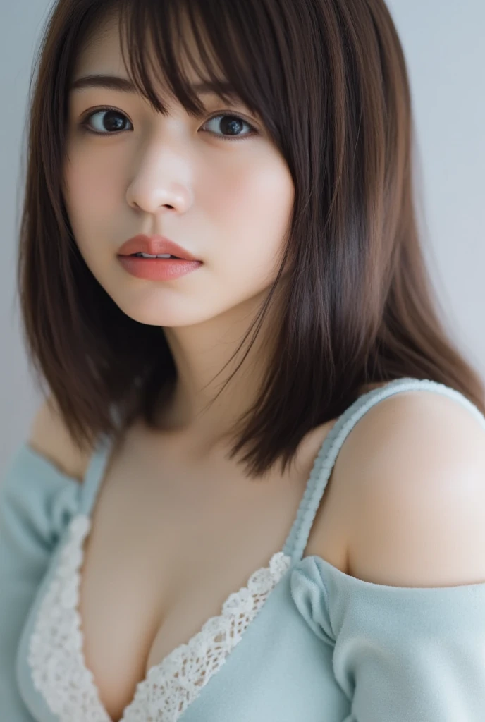 masterpiece, highest quality, 8k, 20th Generation, Large Breasts, cute, alone, sad, cute, Girlish, Delicate girl, Pure beauty, RAW Photos, Professional photography, Portraiture, Soft Light, Professional Lighting, Backlight, Upper Body, avert your eyes, Sophisticated, Film Grain, (Eyes and facial details:1.0), Short floating hair, Beautiful, flowing hair, bangs, (Tight camisole that clings to the breasts(pastel colour))、(Large Breasts:1.0)、You can see a little cleavage、Dolly Makeup、Odd Eye、The colour of the left and right eyes are different