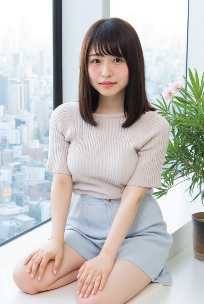 Soft Light, (((Medium Hair:1.3), Short bangs, Floating Hair NovaFrogStyle)), ((ultimate beautiful wife)), 20th Generation, Detailed eyes, (Big eyes:1.3), Lip details, Very detailedな顔, Beautiful and detailed nose, Long eyelashes, ((Big and ample breasts)), Realistic face, Realistic body, Beautiful thighs, (Transparent T-shirt:1.3)、(Blue tight micro mini skirt:1.4)、The chest is wide open、You can see the whole body up to the toes.、stockings、(Sitting cross-legged:1.3), With background：((Cafes in Ginza, Tokyo))、(RAW Photos, highest quality), (Realistic, Photorealistic:1.3), Very detailed, A light smile, Very detailed, High resolution