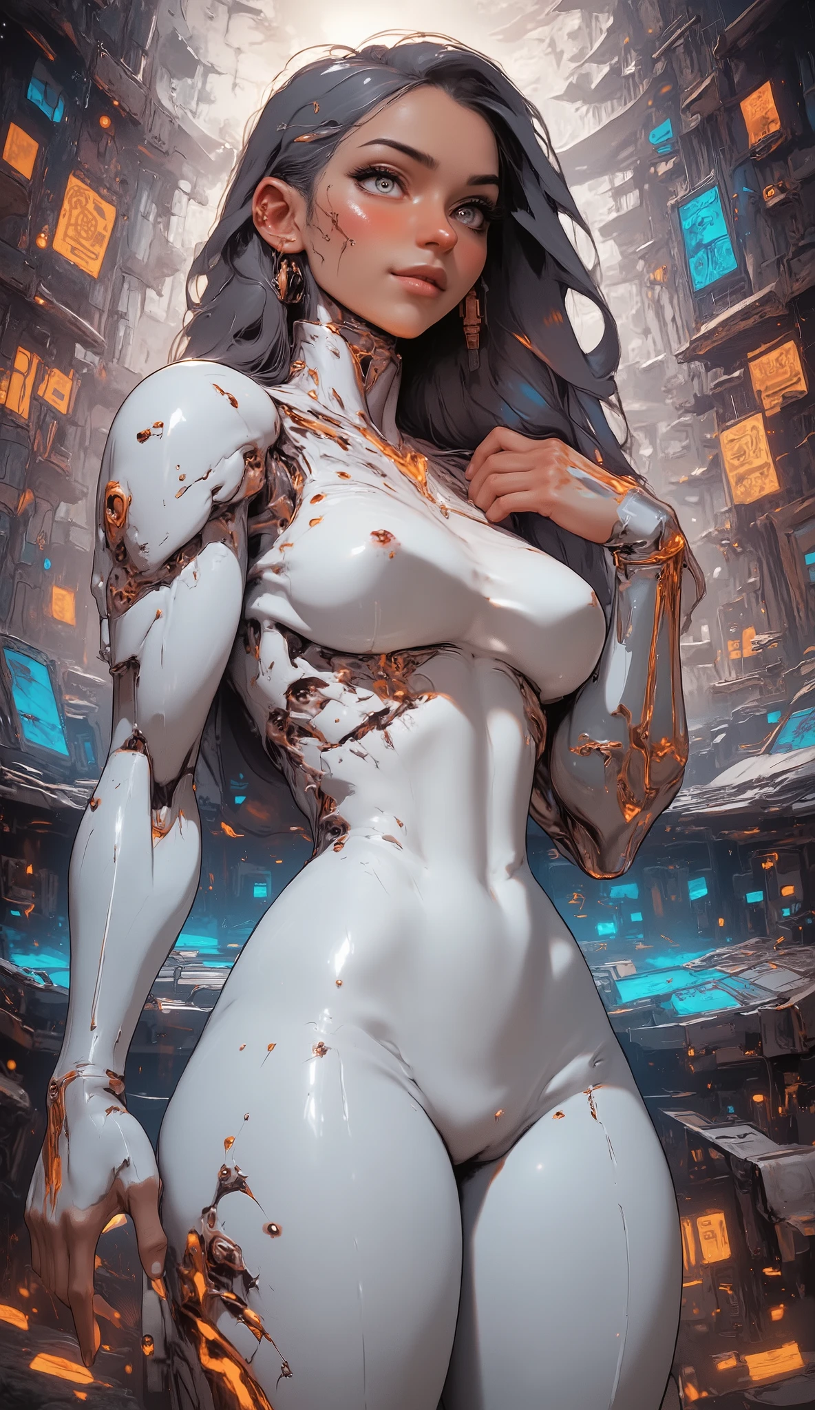 Close-up cinematic realistic anime style of a fully robotic female figure, показано от головы до нижней част and belly а. Her whole body is made of smooth, polished white chrome, with glowing orange lines of, pulsating on her chest, weapon, and belly . Matte black accents highlight her joints and clavicles, emphasizing its precise mechanical design. Medium-sized chest plate smoothly flows into her torso, in harmony with its elegant robotic shape.
She stands in relaxed, seductive pose. one hand raised , , resting gently on her chest and slightly touching her opposite hand, while the other hand hangs naturally along her body, her mechanical fingers are slightly bent. Her head tilts slightly, with its non-glowing, robotic eyes, looking directly at the viewer. soft, A} seductive smile adorns her metallic face, that enhance her sensuality radiating confidence and temptation.
Her long, smooth, synthetic black hair falls freely on her shoulders and chest, falling in elegant, silk waves, enhancing her sensuality. The strands shine under the soft neon lighting, , enhancing its magnetic appeal. around her , , the environment is filled with floating holographic screens, schemes projecting fragmented, glowing orange patterns, embedded in metal walls, and faint sparks of electrically blue energy. The fog of digital particles swirls through the air, mixed with shimmering glyphs and neon traces, area creating otherworldly, crumbling AI.