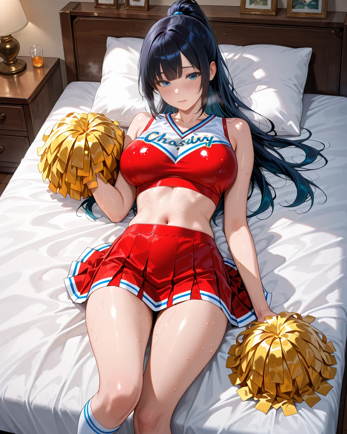 1woman having sex,hyper realistic,mature woman,pov,rolling up eyes,flying heart-shapes,shaking effect,black hair,open mouth,spreading legs,missionary position,saliva,shouting bubbles,curvy body,,cheerleading costume,happy orgasm,at elegant bedroom,
