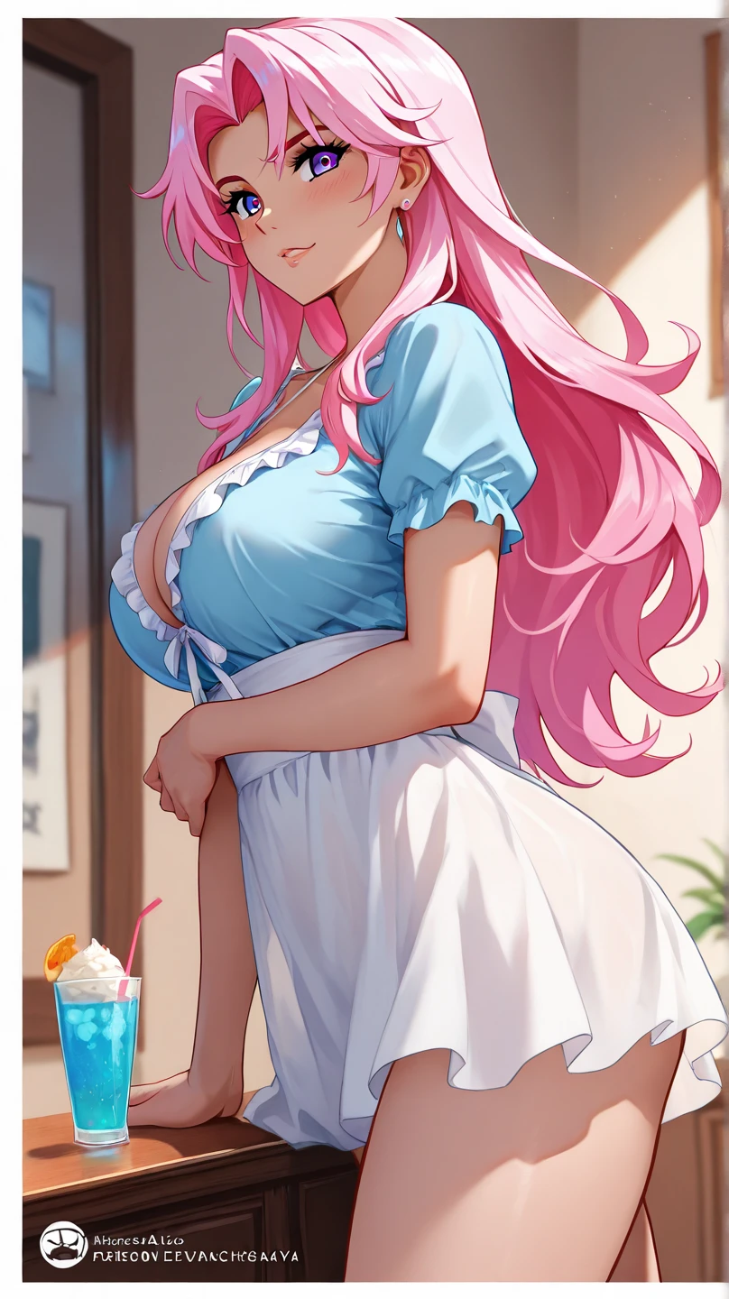 ((1 girls), solo, clevage, Big round breasts, trendy, stylish, clevage, thighs, hips, realistic, pink hair, blonde hair, light green eyes, lip gloss, detailed face, amazing big eyes, eye details, big lips, eyebrow details, blush, smirk, naughty, mischevious face, HD, good quality, kitchen, lolipop, licking lolipop
