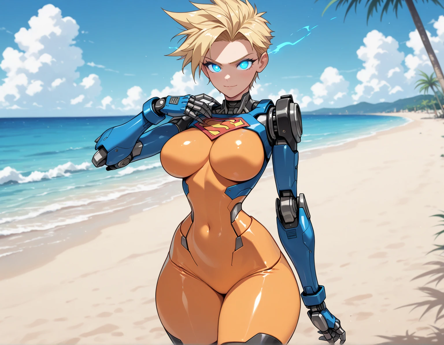 (anime) . Female (woman ((Android 18))), blue eyes, blond hair, blue bikini, full body, on the beach  . (Masterpiece: 1.8), (64k quality), (final fantasy artwork concept), detailed (manga eyes + hair + clothes + body + face + colors + shoulders + eyes (globular + transparent + liquid) + (sharper drawings) + (shiny jewelry) + (clothes folds) + (rounded eyes) + (consistent clothes) + (clothing features) + (eyes line), better (colorful + (coarser line) + (black line) + finishing . [Drawing] (Anime (Manga (Comics))) + (Coarse Line: 1.8) + (Black Line: 1.8) + (Color: 1.8) + (Clean: 1.8) + (Contrast: 1.8) + (Black Outline: 1.8) + (adjusted colors: 1.8) + (shadow set: 1.8) + (manga eyes: 1.8), ((made homogeneous: 1.3))