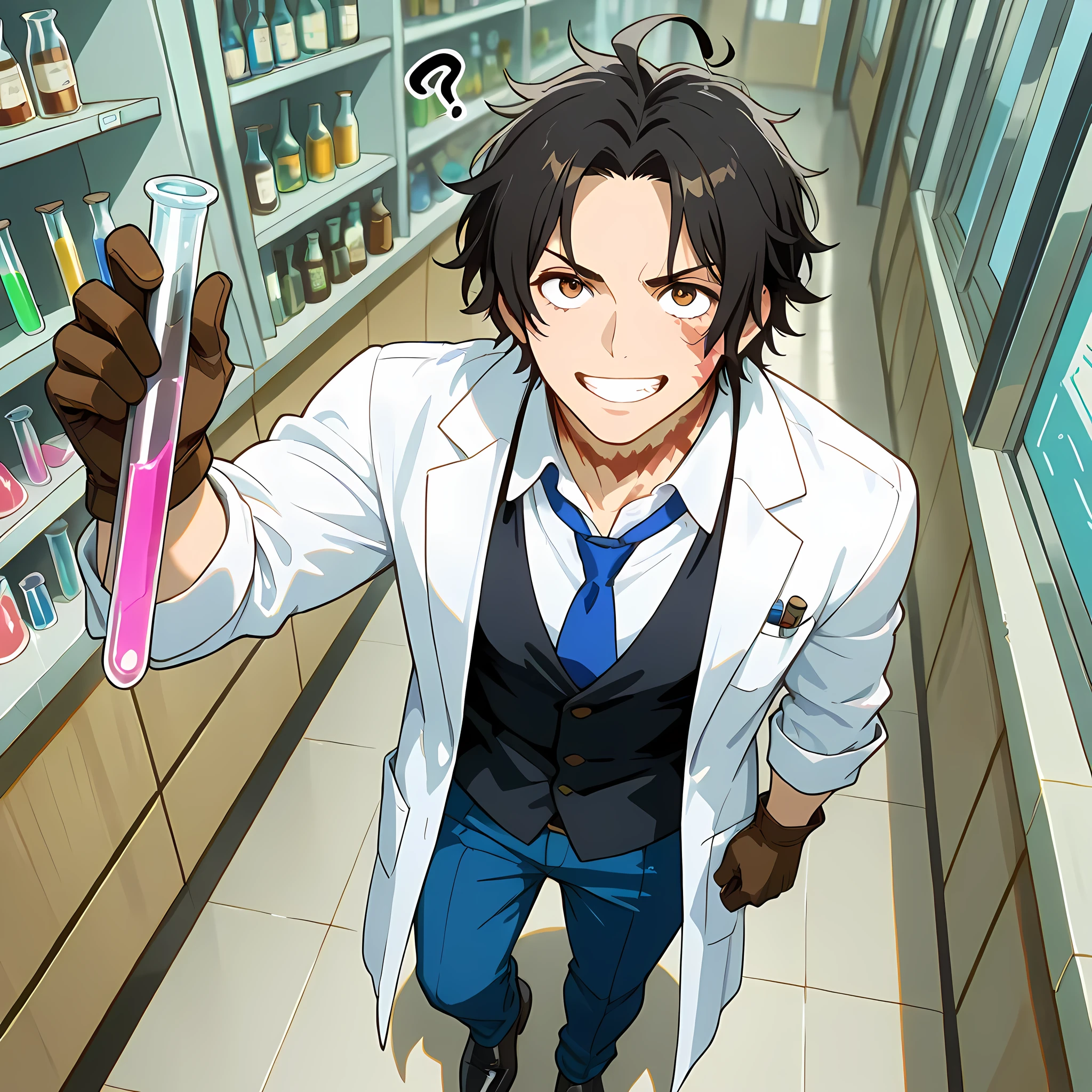 (high front angle), ((anime skin texture, 1 man walking through the laboratory, smile with teeth sample, man talking with some scientists in the laboratory, people of different ethnicities, 1 man holding a test tube with pink liquid, perfectly detailed scenery, best image quality, full HD, perfectly detailed appearance, perfectly detailed eyes, 1 man, solo, Portgas D. Ace's appearance):1.10), {Portgas D. Ace}:((1 man, serious look, black hair spiky upwards, short hair styled upwards, spiky quiff, adult man, muscular and developed body, mature man, burn scar on his neck, brown eyes, black dress shoes, long white lab coat, blue long pants, white dress shirt with blue tie, perfect lips, smiling look, brown gloves, double strap on the shoulder holding up the pants, panting, muscular arms and legs, thick black eyebrows, question mark-shaped ahoge:1.2, two-tone hair color:1.2, light brown lower hair:1.05)),