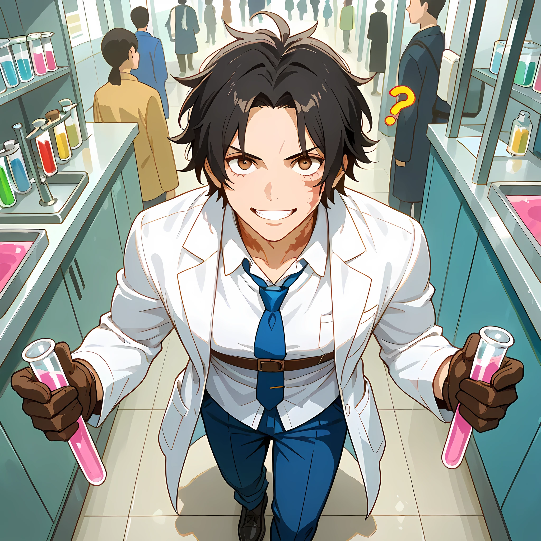 (high front angle), ((anime skin texture, 1 man walking through the laboratory, smile with teeth sample, man talking with some scientists in the laboratory, people of different ethnicities, 1 man holding a test tube with pink liquid, perfectly detailed scenery, best image quality, full HD, perfectly detailed appearance, perfectly detailed eyes, 1 man, solo, Portgas D. Ace's appearance):1.10), {Portgas D. Ace}:((1 man, serious look, black hair spiky upwards, short hair styled upwards, spiky quiff, adult man, muscular and developed body, mature man, burn scar on his neck, brown eyes, black dress shoes, long white lab coat, blue long pants, white dress shirt with blue tie, perfect lips, smiling look, brown gloves, double strap on the shoulder holding up the pants, panting, muscular arms and legs, thick black eyebrows, question mark-shaped ahoge:1.2, two-tone hair color:1.2, light brown lower hair:1.05)),