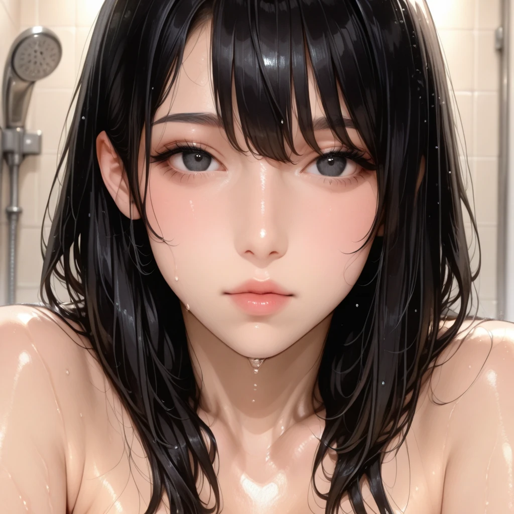 masterpiece, High resolution, perfect face, beauty of japan, 30 years old, beautiful face, shower room, embarrassed look, (top quality eyes), (detailed texture), look at me, Married woman, cool women, (high resolution eyes), black hair, nude, taking shower