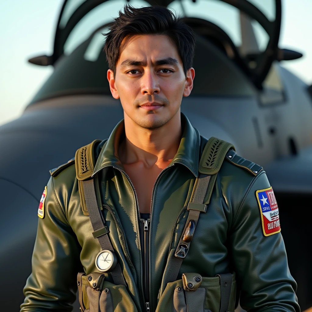 <lora:j4ck13ch4n_v1.0:0.8>, a detailed photo of a jchan man, (Detailed face), (perfect eyes), (highly detailed skin:1.1), slim body, ((dressed as jet fighter pilot)) , professional Photography, soft lighting, PHOTOREALISTIC, Realistic, sunny, standing in front of an Air Force airfield with jets in background, blurred background, volumetric fog, RAW, analog, sharp focus, 8k, high resolution, DSLR, high quality, Fujifilm XT3, film grain, award winning