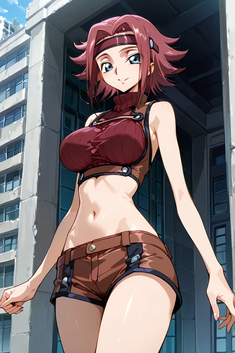 masterpiece, anime screencap, 1 girl, solo, tomboy, red outfit, scarf, belly, short hair, long sidebangs, gray hair, shorts, bandana, knee knee pads, boots, wristbands, full body, outdoors, medieval town, cowboy shot <lora:Millay:1>