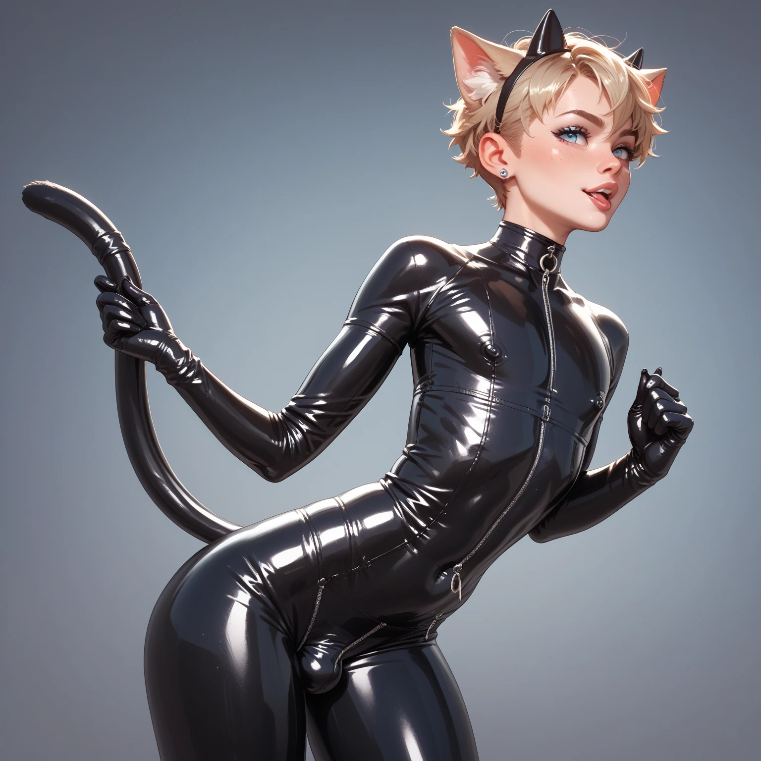 solo , Luna: This cat girl has short, blonde hair and blue eyes. huge chest and cuvry body she is sexy She's in a tight, leather bodysuit with cutouts that highlight her ample chest, and high-heeled boots. Her teddy bear is white with a small black vest.