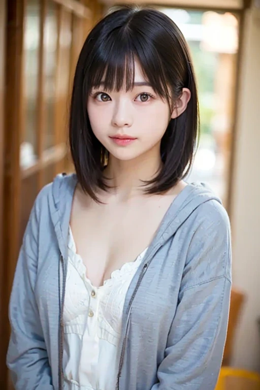 table top, highest quality, one girl, (beautiful girl:1.3), (18-year-old:1.3), very fine resolution, (symmetrical eyes:1.3), (school uniform, off shoulder:1.2), beautiful breasts, brown eyes, parted bangs, brown hair、wrinkles between the eyebrows、Angry face pouting