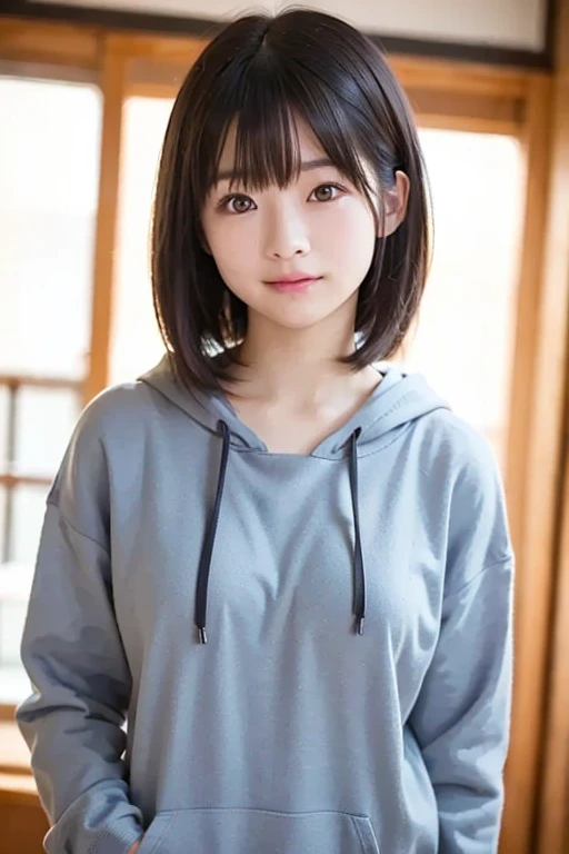 Beautiful high school girl, perfect face line, big eyes, long eyelashes, natural eyebrows, beautiful skin, perfect nose, wide double eyelids, plump under-eye bags, upturned corners of the mouth, Japanese, small face, lolita face, bob cut hair, heavy bangs, large breasts, looking up, plump thighs, leaning forward, ladylike, seductive posture, grinning, sitting against a wall, indoors, posture that emphasizes breasts, thin, tight hoodie, thin, short skirt, divine々Beautiful, seductive, seductive, eye contact with me