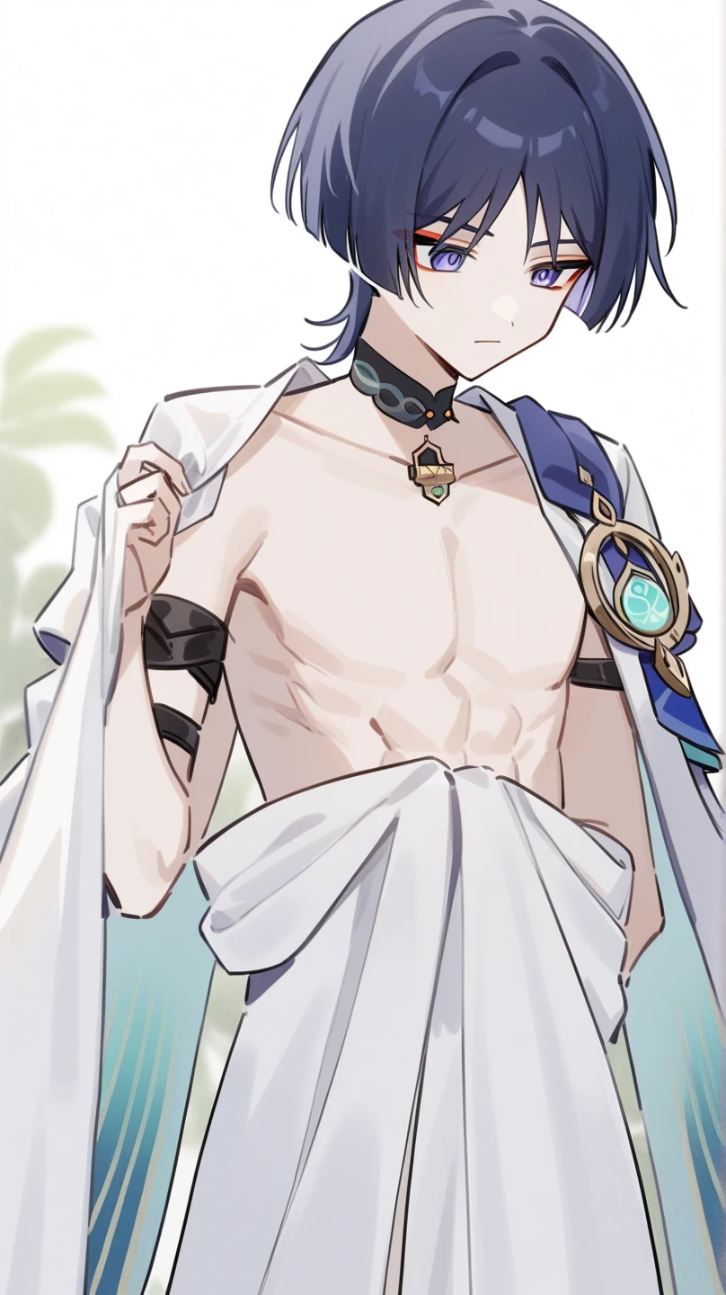 Highres, Masterpiece, Best quality at best,High-quality illustrations, 1boy, Boy, Shota, solo person, Blue theme, Transparent veil covering the mouth, Transparent veil covering the waist, Luxury necklace, Earrings, Navel piercing, Gloves, Desert, Belly dancer, night day, Seen from front, Anime screencap style, depth field, Uhd