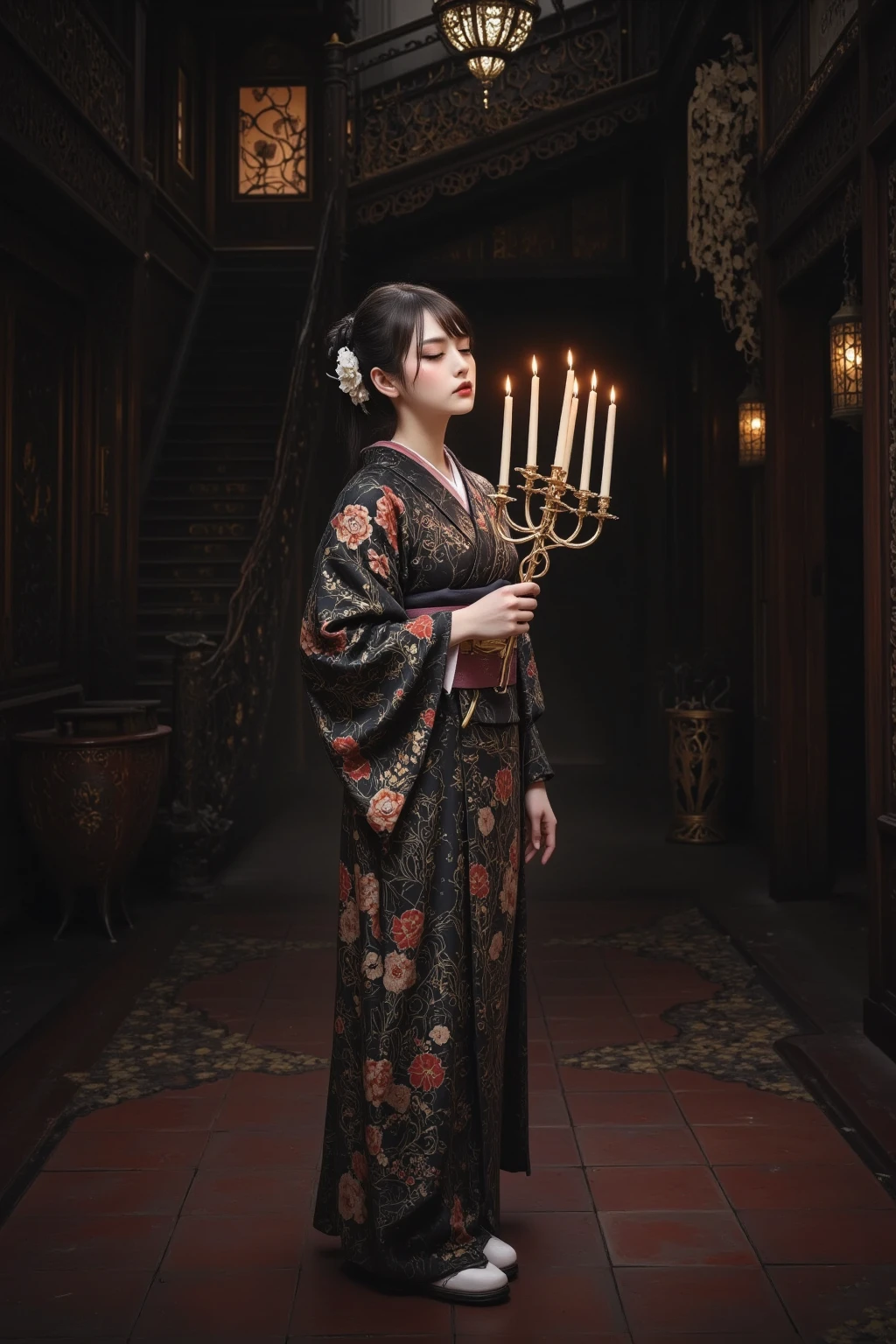 woman in kimono holding candelabra with lit candles in her hands、solo、Old Western-style building lobby at night、dark room、 Large Staircase 、8K High resolution、Super Detailed Painting、realistic、HDR、soft mute light、clear focus 、Intricate details、dark colors、dark colors、bokeh、traditional Japanese atmosphere、deep and sophisticated composition of the scene、view from above、Great storytelling