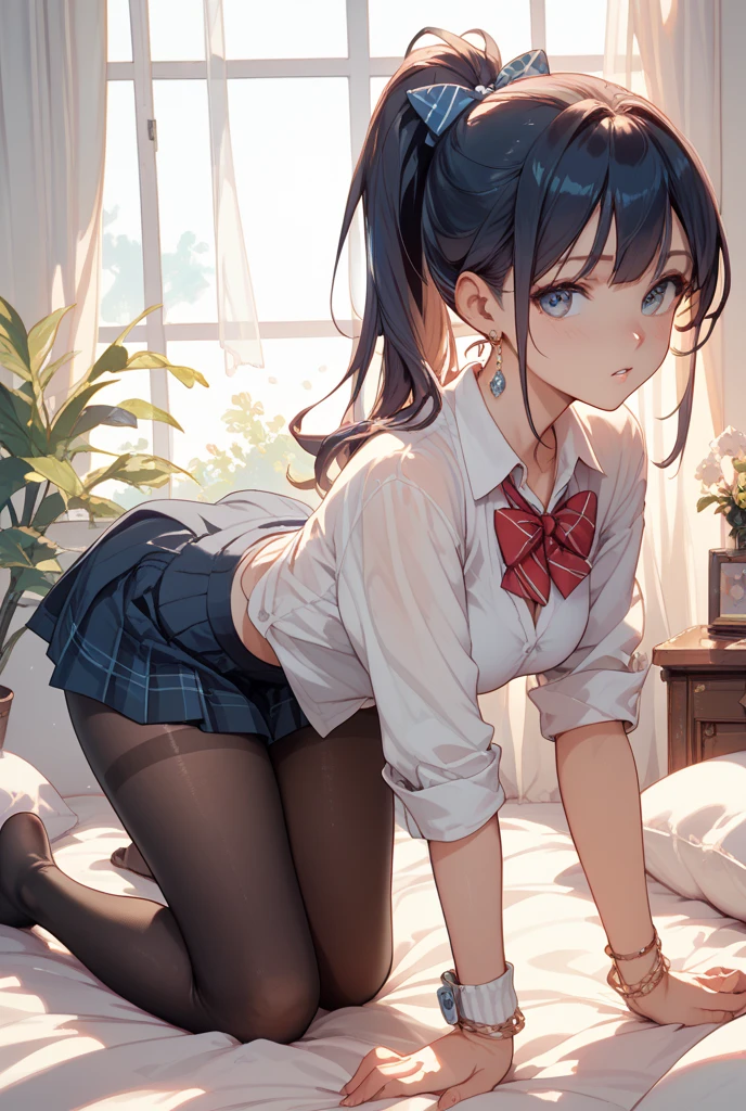 drooping eyes, eyes realistic sizing, pleated skirt, (((round face, blush))), ribbon, thin transparent panties, (((holding her butt herself))), (stylish glasses, braid), (dim old storeroom), leaning forward,