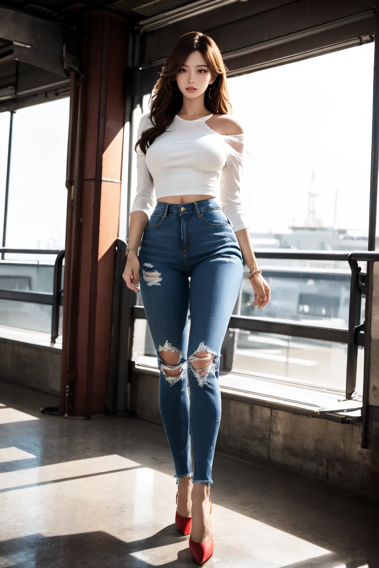 (超A high resolution,RAW Photos,8k,KHD,highest quality,masterpiece:1.5),(Intricate details,Realistically),One very beautiful woman, 30 years old, High resolution, Highly detailed face, (Professional Lighting,Bokeh),(Particles of light,Lens flare brilliance,Luminous Particles:0.6),Gentle soft lighting,Trendy atmosphere,Japanese,Street,Stylish side-wavy short hair,Bobohead, Brown haired, hair is delicate and soft,Spread your wings, Lips parted, mouth紅, Captivating smile, smile, mouth, teeth, There are small dimples,White Swan Neck,Shave your shoulders, Big Chest,(small,Golden ratio numbers),Please wear(Bluish gray)(Perfect fit,Slim fit,体にPerfect fit)Wearing a fashionable white shirt, (Wash Blue)(Fashion Jeans),(Attention to detail in the costumes:1.5), double eyelid,Long eyelashes, Birthmark, (Mole under the eye: 1), Big breasts and small waist,Beautiful ass,Calves are balanced, Thinness:1.2,Small white and soft jade legs,Beautiful toes:1.5,Wear branded fashion sandals:1.0,(Boldness,Coquettish,Playful and beautiful poses,Raised to be sexy,Attractions),Female-centered focus photography,Focus on the hips and crotch,Wide lighting,Natural Shadows,Wide Wide Shot,Close Focus,Full body shot:1.8,Full body photo:1.8