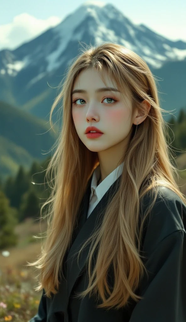 High Quality Japanese Girl, Seto Mountain Scenery, Father Seto, Golden Long Straight Hair, Yakuza Student, Dangerous Classroom Scenes, full body photo, Realistic, 4k High Resolution , Extremely Precise Details, HDR, studio lighting, Vivid Colors, Delicate Bokeh Effects