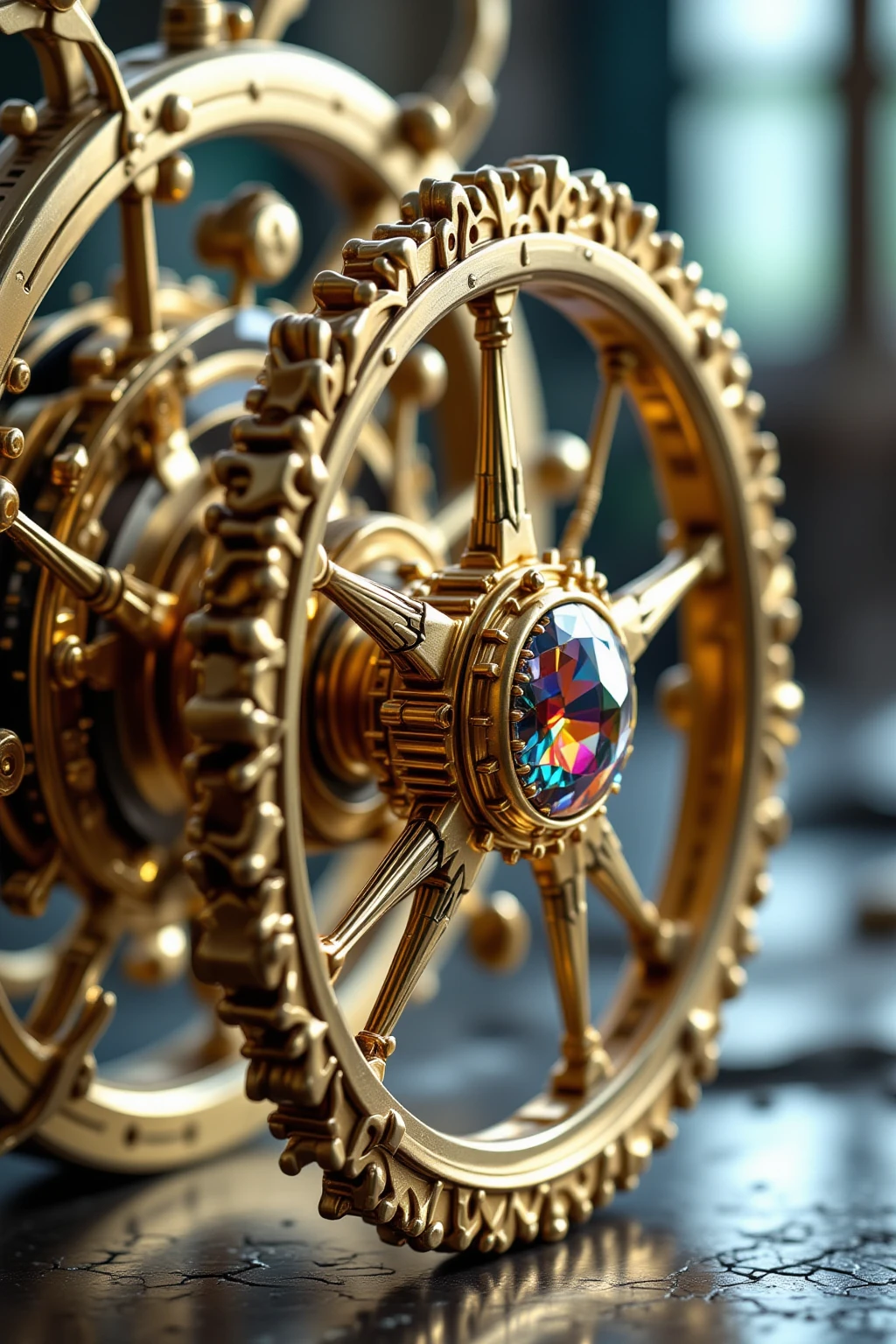 The shape and structure of the wheel look like topaz, but the four have the same shape, and their shape and structure look like a wheel inside the wheel, and a golden jewel wheel,Precise mechanical device,Sophisticated mechanical structure,shiny metal surface,sophisticated mechanical parts,Ancient artifact feel,Creative Expression,Luxurious decoration,sophisticated design,Exquisite mechanical realistic description,Detailed description of key elements,Superrealistic expression,4K resolution,high definition,Extreme Details,photo-like realism,physics-based rendering,Professional Artwork,colorful colors,Soft Light