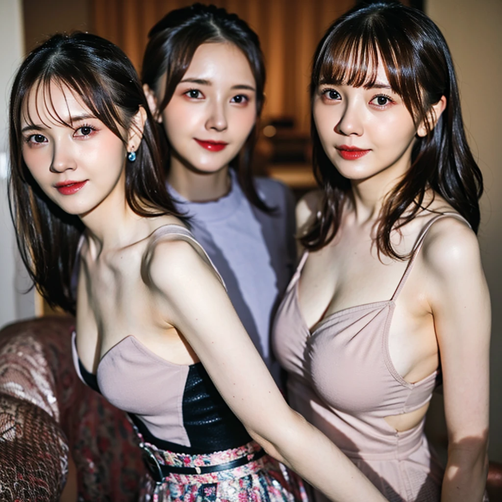 absurdres, RAW photo, extremely delicate and beautiful, masterpiece, Best Quality, ultra high resolution, 16k, hyperrealistic, ultra-detailed, Very detailed CG 8k wallpaper, Beautiful Lighting, Perfect Lightning, Realistic Shadows, perfect anatomy, super Detailed skin, perfect figure, Japanese woman, late 20s, very Slim body, narrow waist, very small head, handsome detailed woman, very detailed eyes and face, realistic face proportions, Stunning detailed eyes, Realistic beautiful face, very small face, Realistic small beautiful eyes, double eyelids, makeup, tearful mole, mole on chest, earring, bare legs, beautiful and very thin legs, beautiful and very thin thighs, (very huge round breasts:1.3), short hair, wavy hair, sweat, (full body shot), sleeveless, bare arms, bare legs, tight-fitting, midriff peek, cleavage, Fine Collarbone, (3 girls:1.5), (dress:1.5),