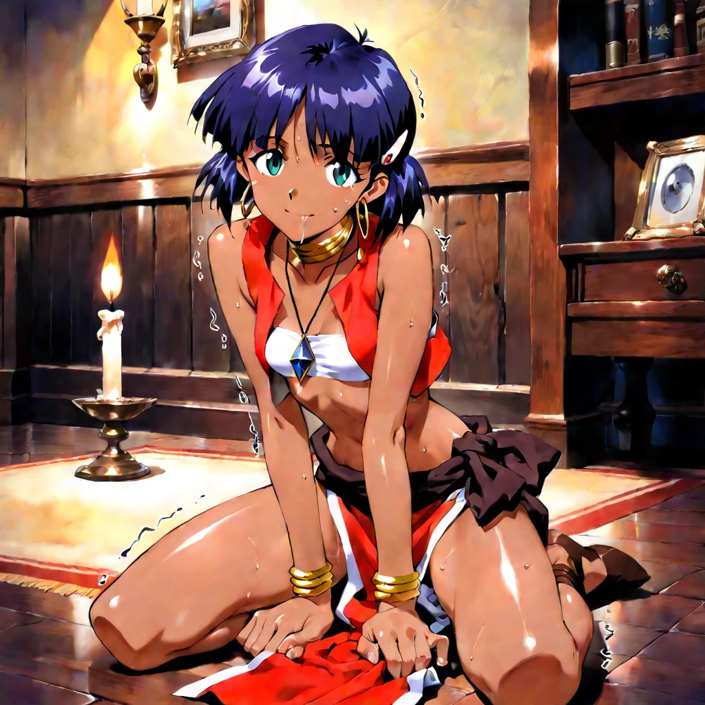 (highest quality:1.3),(ultra-be familiar with:1.5),High resolution,extremely be familiar with CG,unity 8k wallpaper,official art,be familiar with,super be familiar with skin,perfect anatomy,beautiful be familiar with eyes,(アニメのスクリーンshot:1.1),very delicate and beautiful,90s anime,90s anime style,cel shaded anime,1 girl, ((nadia arwal:1.52)),(Ammar,evangelion anime style:1.37),((black skin,fine skin,dark purple hair,White Bando Swimsuit,red vest,Gold collar,Necklace with large light blue gemstones:1.52)),full_shot,smile,seaside sandy beach, (shining eyes),blends well with the eye,blends well with the eye,focus of the eye,(Carefully crafted brilliance, sky blue lens flare:1.7),(expression of joy:1.51),octane rendering,rainbow paint drop,Woman made of paint,Full Paint,(movie background),splat,splash,dark and blurry background,close,(best lighting, very delicate and beautiful),Detailed beautiful shine,(soft light:1.2),(soft money tone lighting),Warm and soft lighting,dramatic light,((cinematic light)),ambient occlusion,ambient light,violently,powerful,Absolutely eye-catching splashes of color,((caustic)),raytraced reflections,light shines,waiting for happiness to begin,dutch angle,