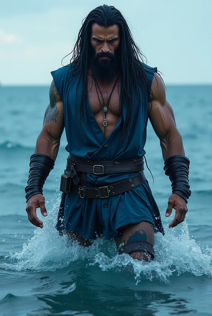 Solomon Kane full body shirtless, with handsome face, long black pants, on the deck of a pirate ship. Frazetta art