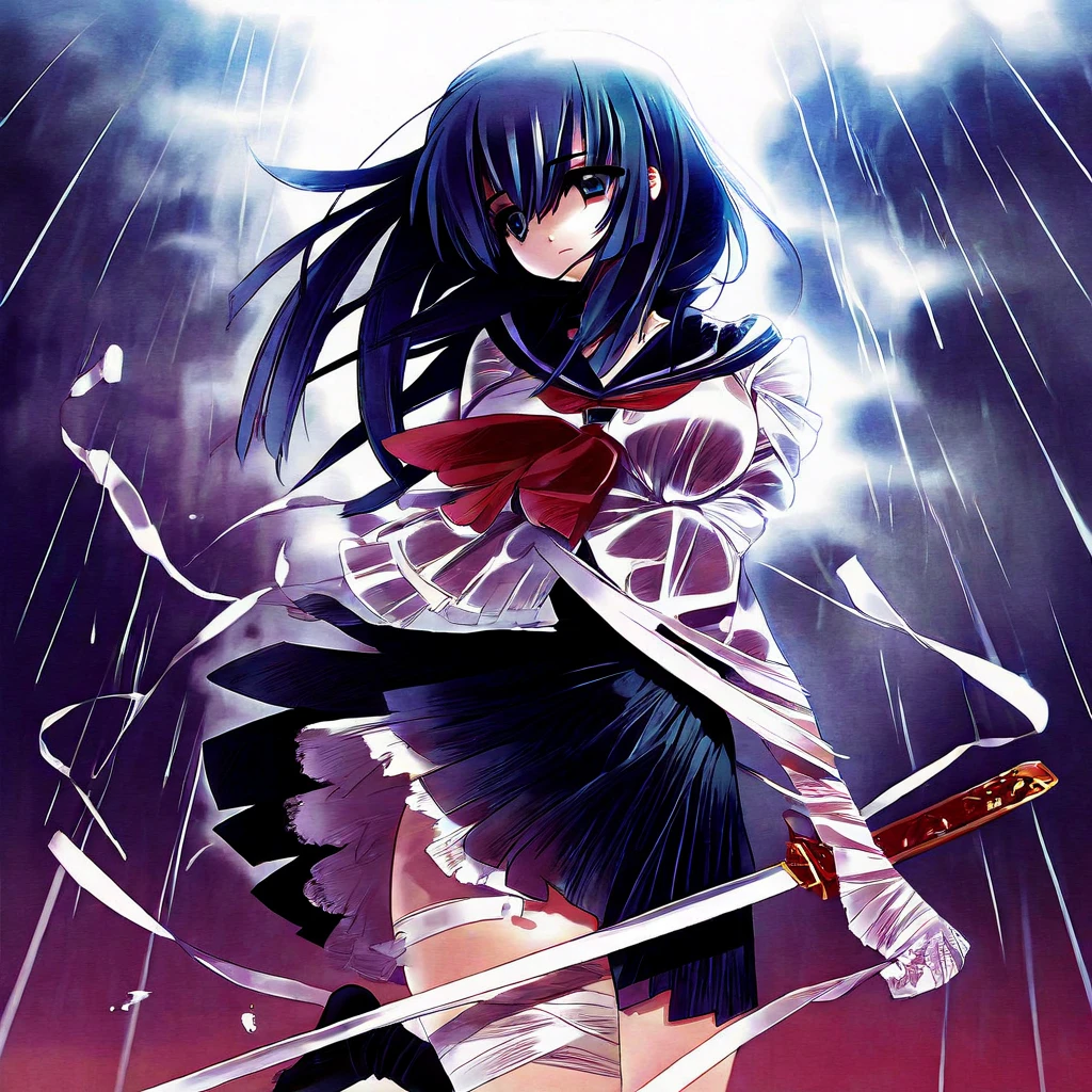 (((best quality))), (((masterpiece)))), Ryuko Matoi, 1girl, solo, solo focus, eye focus, (beautiful eyes, red eyes: 1.2), ((facial scar)), standing, portrait, smiling, small lips, cute, long hair, black hair, school uniform, hands behind back, digital art, pixiv highlight, artstation trend, high contrast, shaded face