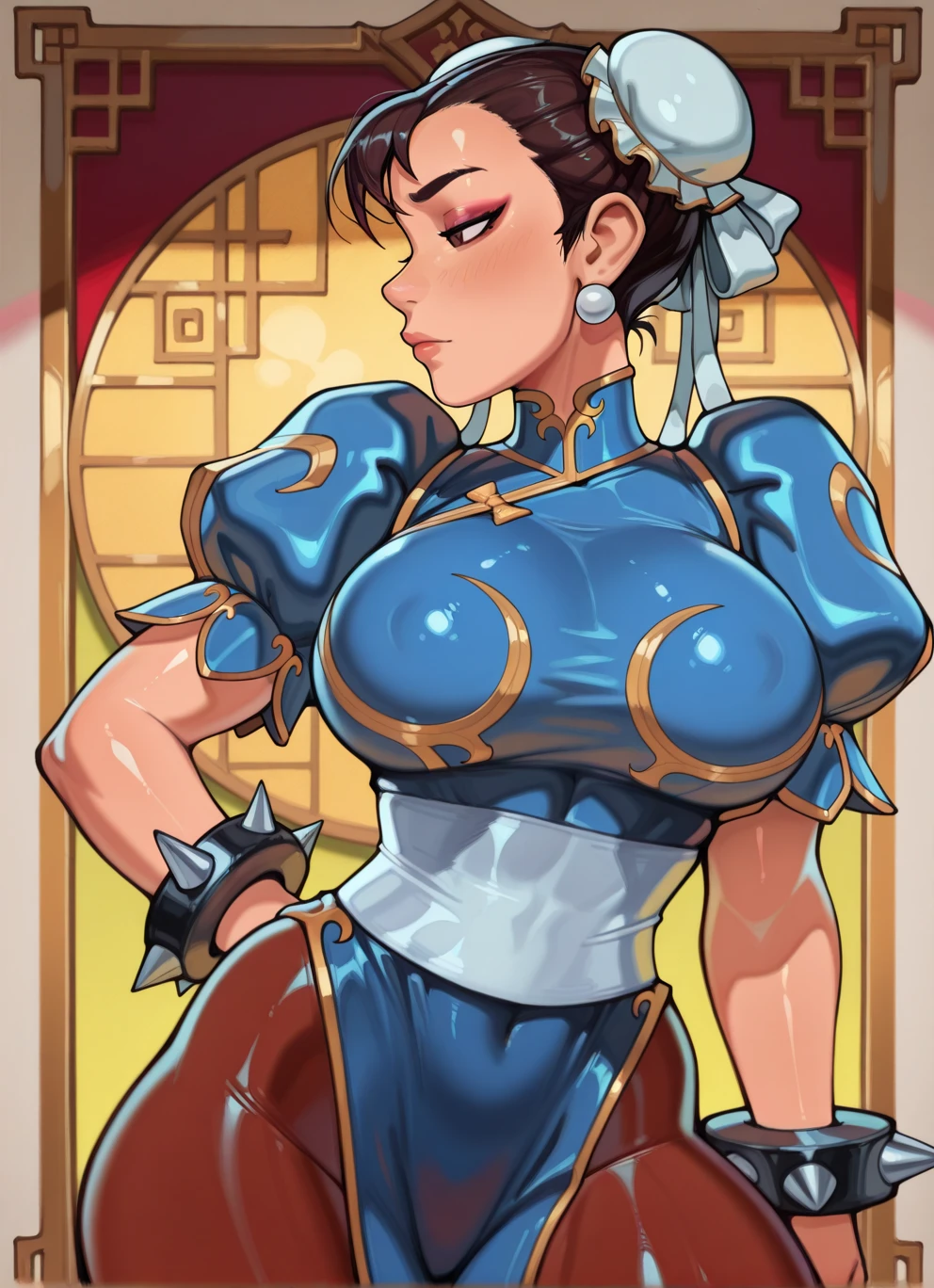 score_9, score_8_up, score_7_up, score_6_up, score_5_up, score_4_up, solo, Chun-Li from street fighter, ((thicc mature mom)), black hair, closed happy eyes, big thick full lips, ((pouted lips)), ((open mouth)), ((NSFW)), sexy, seductive, alluring, cute, pleasured eyebrows, (((gigantic breasts))), sagging breasts, big nipples, wide hips, thick thighs, huge ass, breasts focus, (((two Pov hands groping breasts firmly))), (((from pov))), (close up), ((upper body)), hands behind back