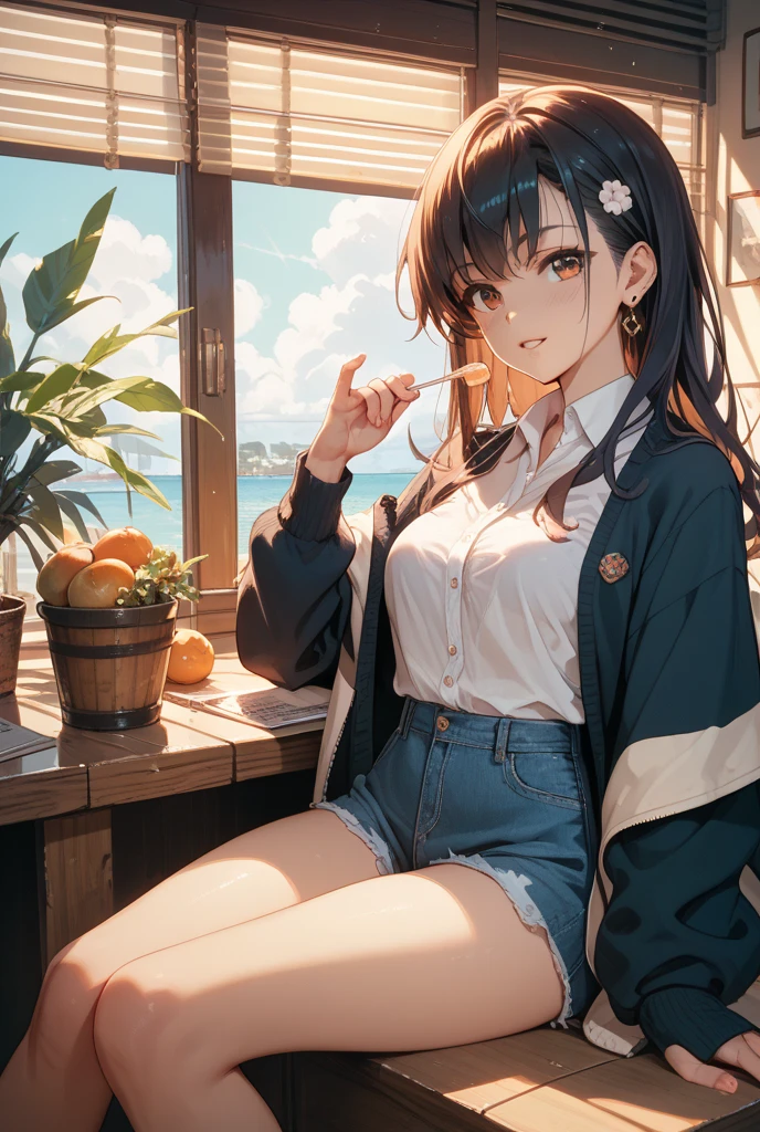 (child),highest quality,Beautiful face in every detail,cute,Dark brown eyes,(背の低いcute女の子,Small young student,Young delicate girl),(masterpiece,Top quality),Black Hair,Sleepy expression,Sleeveless,(White shorts),Crouching