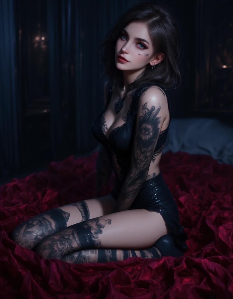 arafed woman ,(Sweetie Fox)), (back view), (captured from floor), in lingerie and thigh high boots posing for a picture, lacey, tattooed, thin black lingerie, laced lingerie, gogo dancer, , thigh highs, overknee socks, 2 4 year old female model, tattooed body, fully tattooed body, tease, lingeries beauty, skydoll noa, over-knee boots, scantily clad