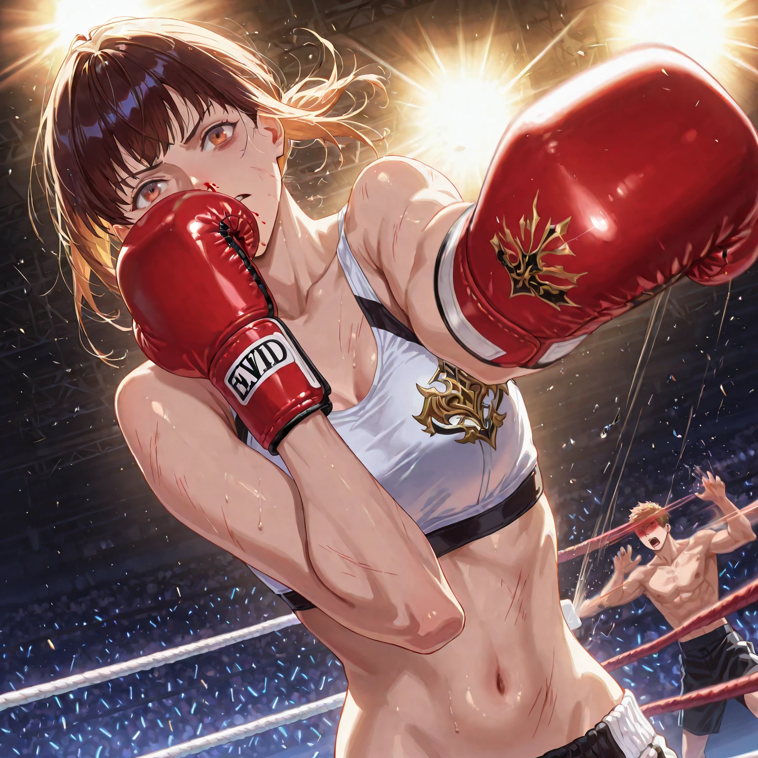 During a match with an opponent in the ring。A scene where a beautiful mixed martial artist is hit by a body blow from an opponent in the stomach.。Open your mouth wide and scream。whole body。Sweat。muscle。six pack。scratch。Bruise。shortness of breath。