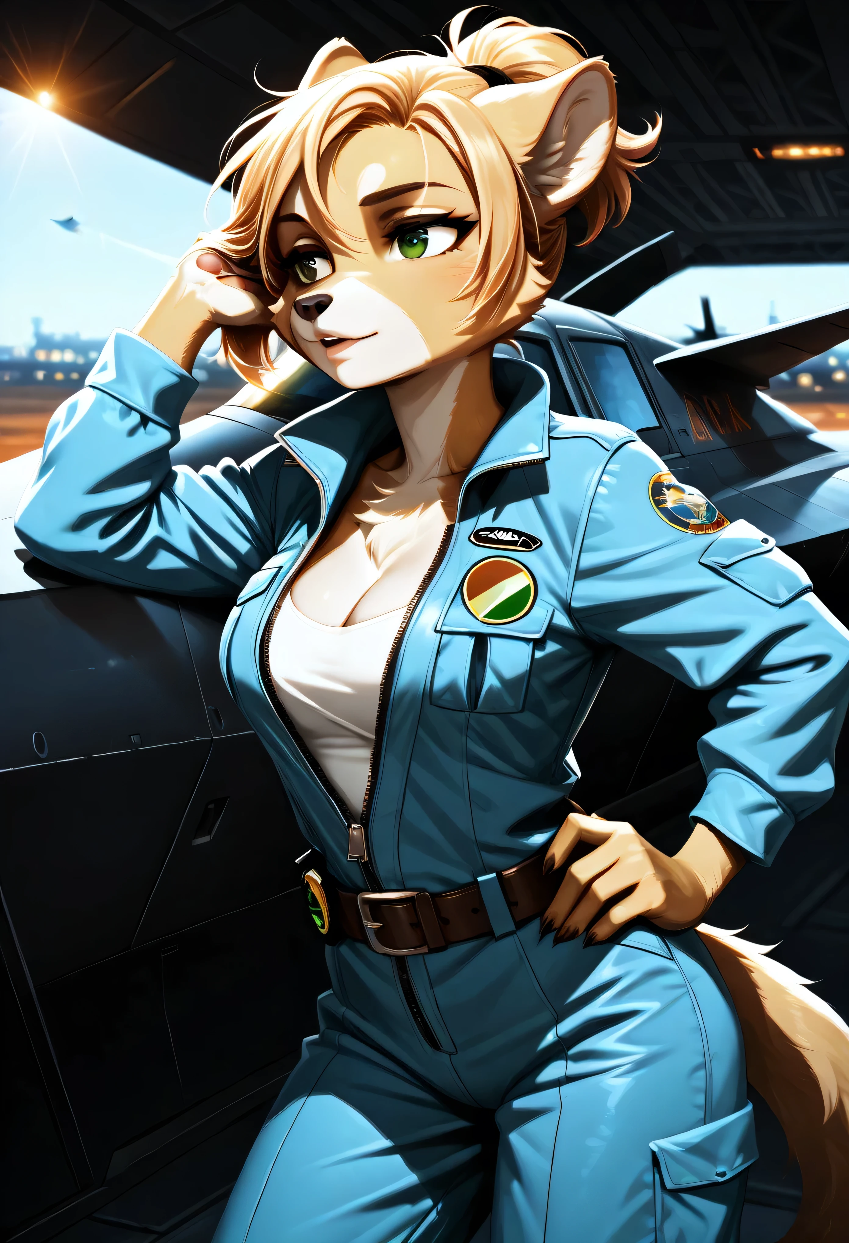 Nicole Watterson in a modern pilot jumpsuit unzipped slightly to reveal cleavage, belt and patches visible, furry hand resting on her hip, standing next to a futuristic fighter jet on an airfield at dusk — wind blowing her hair, warm glow on metal and fur, bold and cinematic.