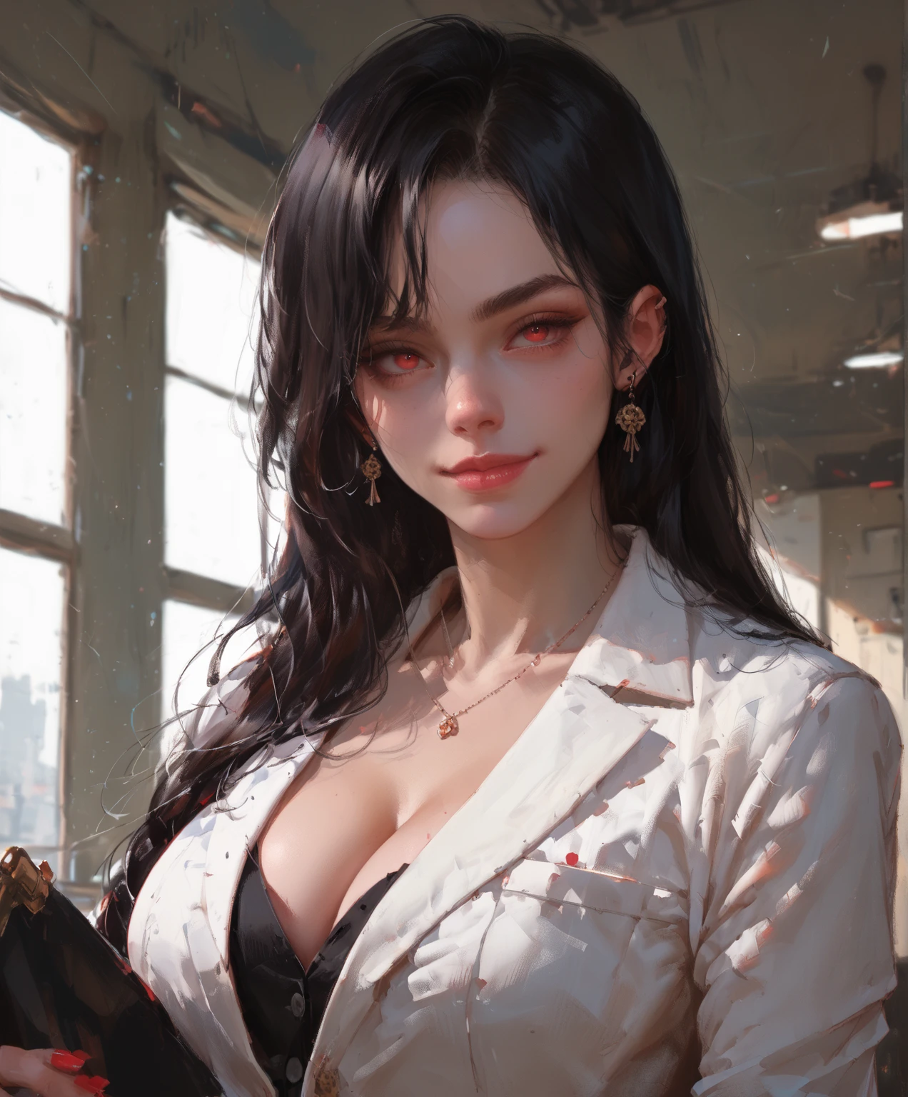 1girl, the boss of the company, long black wavy hair and gray eyes, tall, thin, sexy, contempt and arrogant and elegant, behind her from the 21st century there is a window showing various buildings in the city, (black translucent suit jacket open front, pink bra)), lower body slender,