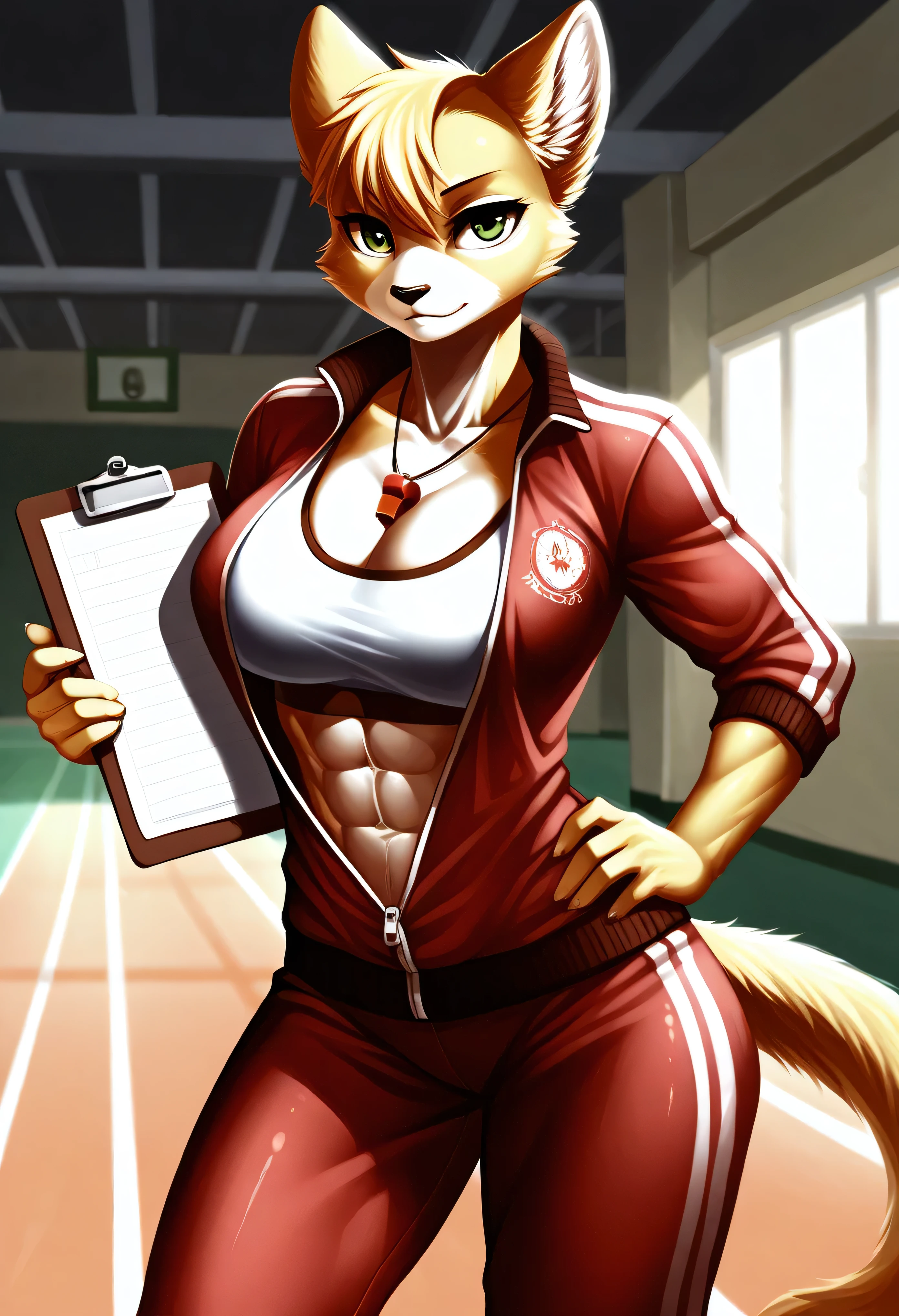 Nicole in a tight athletic tracksuit unzipped halfway down her chest, exposing cleavage and toned abs; whistle around her neck, furry hand holding a clipboard, other hand on hip; gym background with equipment, early morning light casting soft glows — energetic and bold.