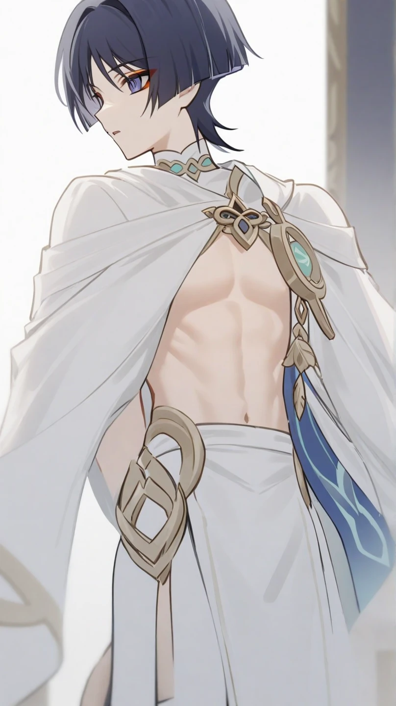 Pale White Skin , White demon horns and tail , with no face, Male