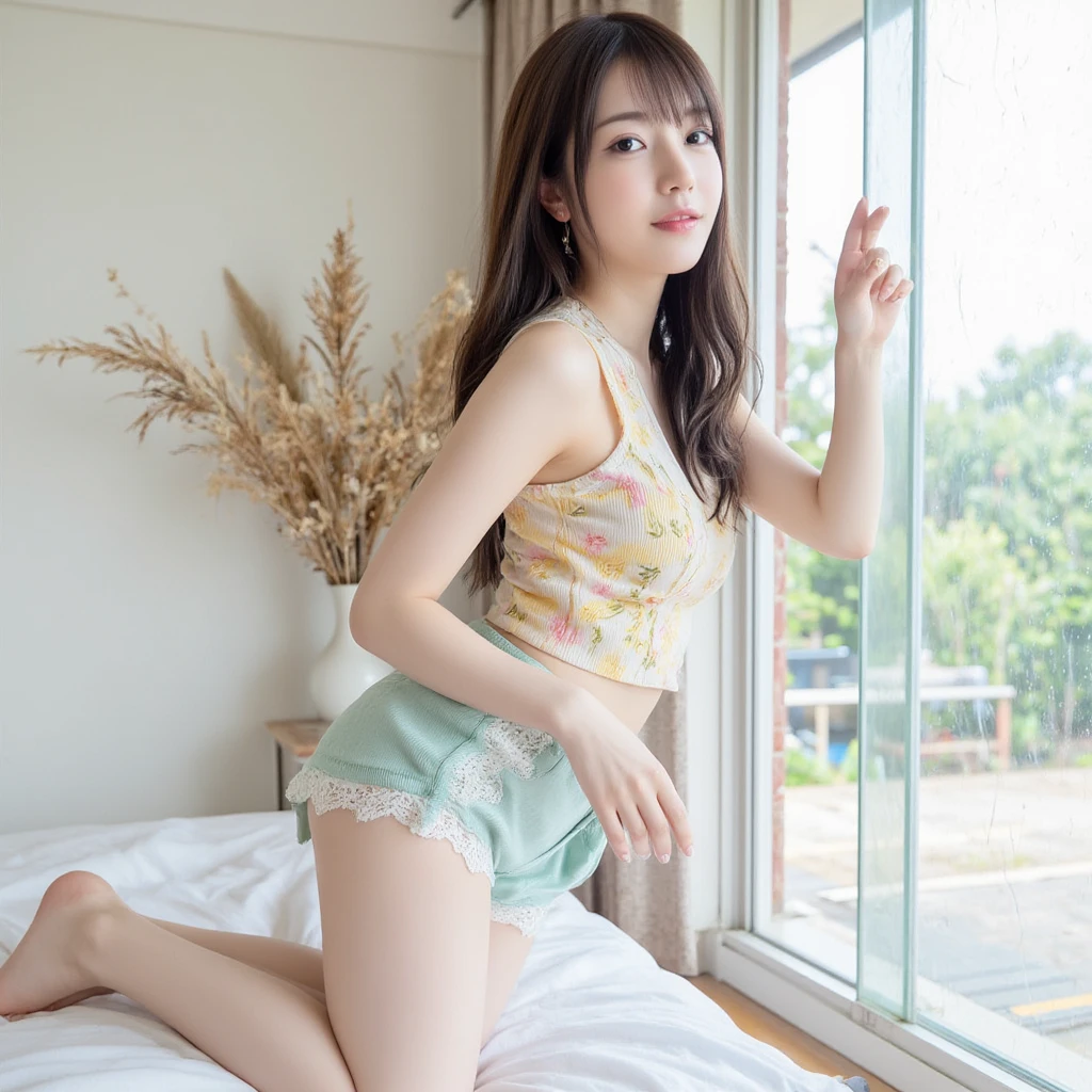 masterpiece、highest quality、super realistic、Ultra high definition、8k、Raw photo、textured skin、One Nogizaka girl、(16 years old、short bob hair、bangs、black hair、floating hair、slim、delicate body、skinny、A sloppy smile、embarrassing、blush:1.2)、(Top and bottom underwear with light pink lace embroidery、string bikini:1.5)、hotel room、By the window、sit on the bed、white sheets、lace curtains、(Natural light、strong sunlight、Backlight、flare、film grain、low angle full body shot、profile、It's blurry、super long shot、ultra wide angle、Sigma 85mm F/1.4)、finder