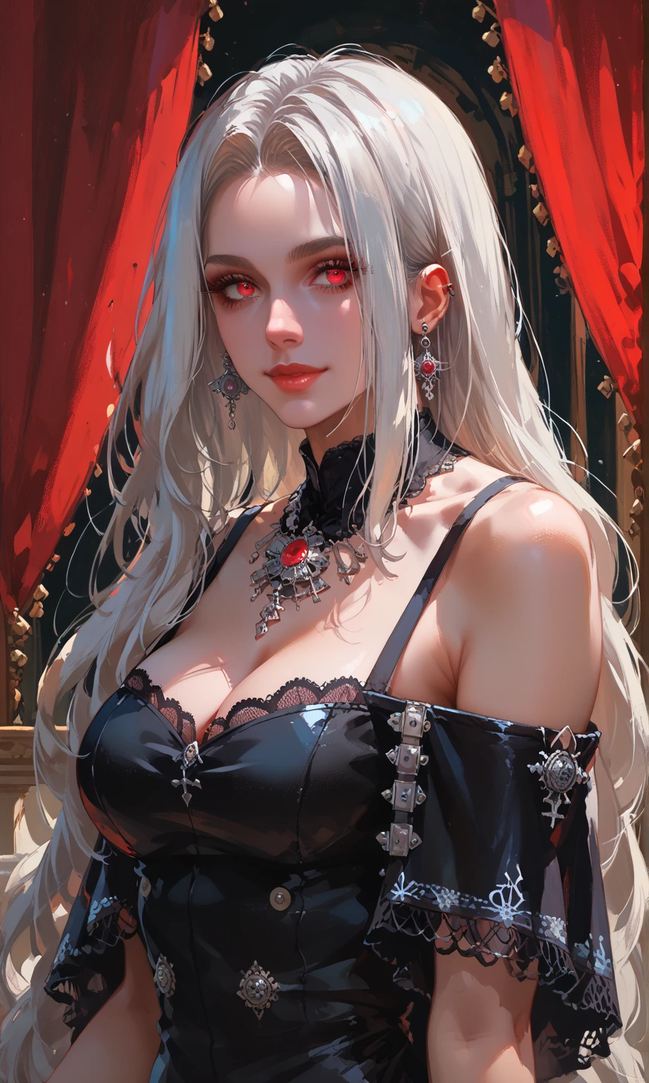 ultra realistic 8k cg, Full body,masterpiece, ((ultra detailed background, delicate pattern, intricate detail)), sitting, formal, serious, glowing red eye, queen, goddess, divine, cursed, dark fantasy, (hair over one eye), (((malevolent shrine, dark water, night, red moon))), absurdly long hair, very long hair, white hair, looking at viewer, large breasts, breasts out, lace, lace trim, lace-trimmed legwear,DPM++ 2M Karras,Perfect World v5 --auto --s2