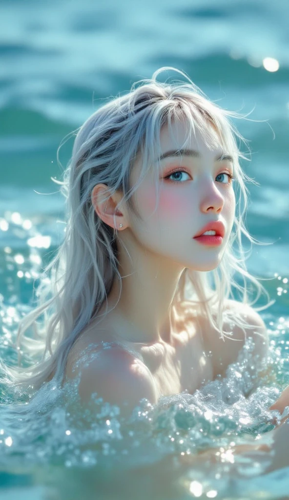 (RAW photo), best quality, realistic, photorealistic, extremely detailed, an extremely delicate and beautiful, RAW photo, professional lighting, light on face, depth of field, a 18 years old girl,1 girl, ((((topless)))), (((white_hair))), blue eyes, smaller head, (full body), hair covers ears, hair ribbon, beautiful eyes, natural breast, (((nipples))), real face, real skin, realistic face, realistic skin, detailed eyes, detailed facial features, detailed clothes features, detailed face and breast, (ulzzang-6500:0.1), under water, air bubbles, head floating, sunbeams, sunbeams, girl standing in water,