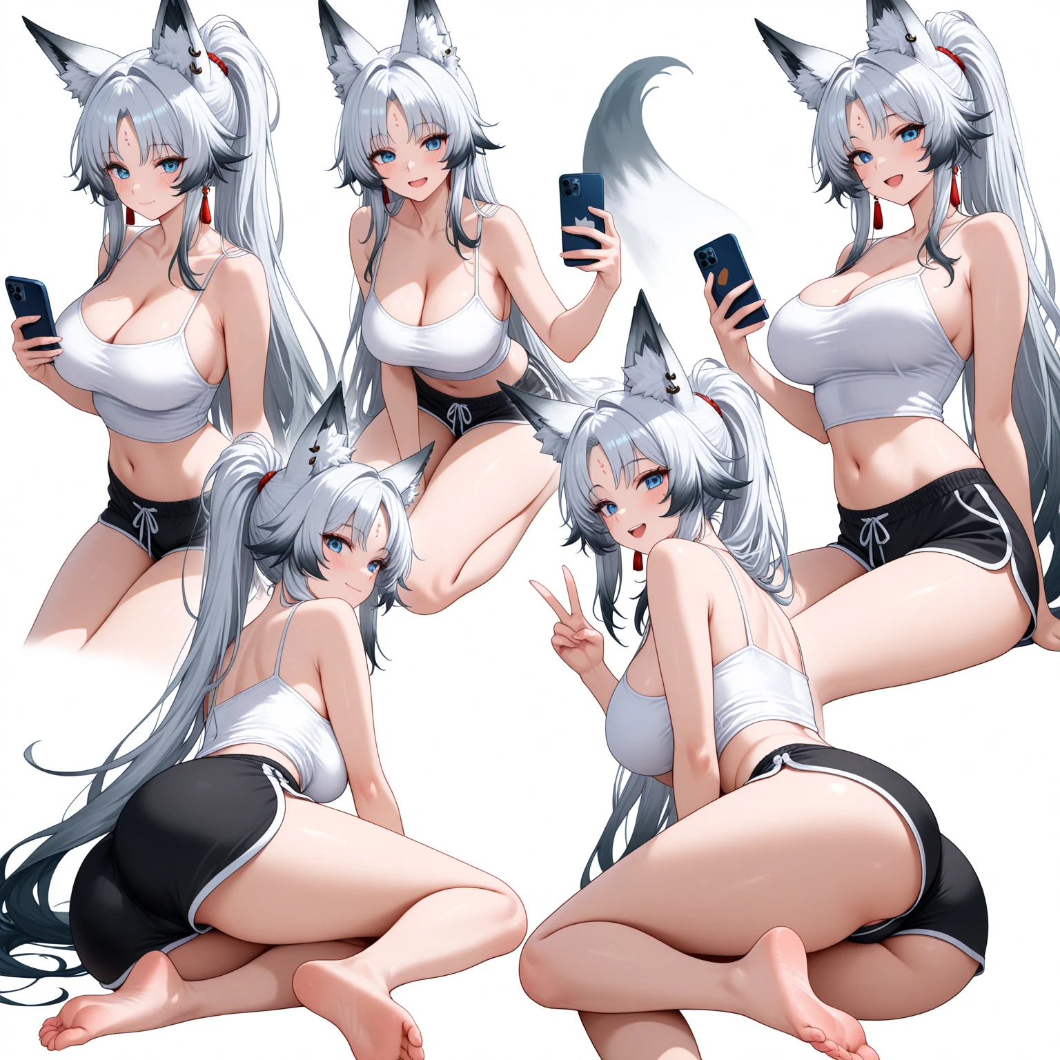 masterpiece, best quality, highres, 1girl, solo, animal ears, white hair, short hair, brown eyes, tail, large breasts, navel, white panties, tank top, cleavage, <lora:uzaki_hitomi_v1:0.6>, cowboy shot, standing, grin