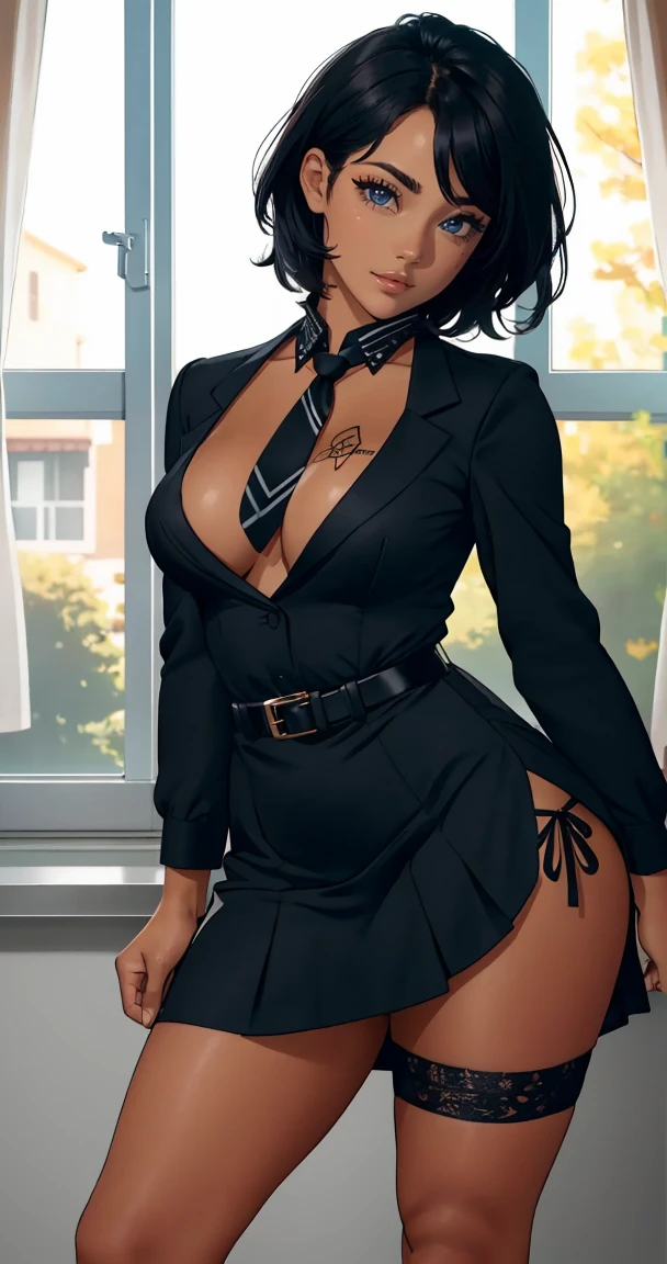 Ultra High Resolution, UHD, absurderes, RAW photo, Masterpiece, Best Quality, 8K, ultra-photorealistic, (1 girl), intricate details, ultra-detailed, detailed face, detailed body, dramatic lighting, beautiful lighting, standing up, blushing, smile, green eyes, gorgeous eyes, short hair, bob hair, bangs, black choker, topless, exposed breasts, (black hair), (black pleated mini skirt), classroom, gorgeous face, gorgeous girl, large breasts, cleavage, hourglass body, gorgeous body, vivid colors, full body view, sharp focus