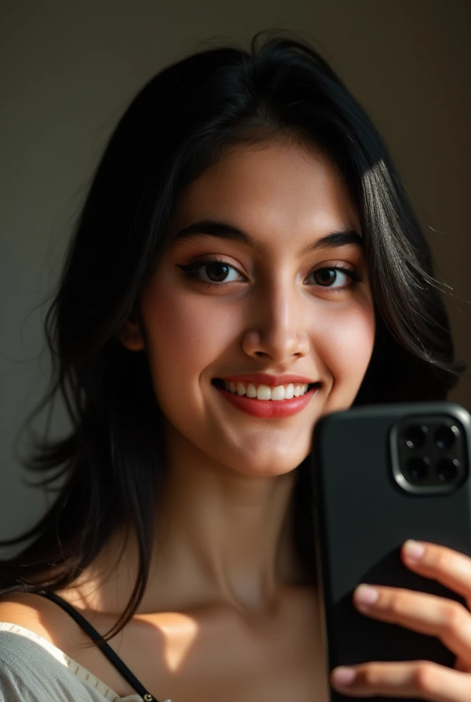Sequenced RAW photo, une photo d'une jeune de , ((selfie du haut du corps, Content)), face detailed, Slightly blurred detailed backgrounds, natural lights, Hdr, photo realist, Photo professionnelle, flirter avec le spectateur, visuel sexy, Fotorrealista, Linda, peau naturelle, 8K UHD, highly quality, grain filmique, Fujifilm XT3