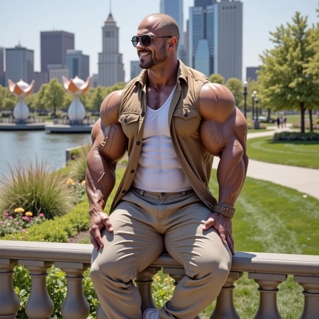 hyper growth, hyper muscles, a very handsome man, sunglasses, wearing a white shirt, exaggeratedly muscular, exaggeratedly huge muscles, sitting on a bench in a park at dusk