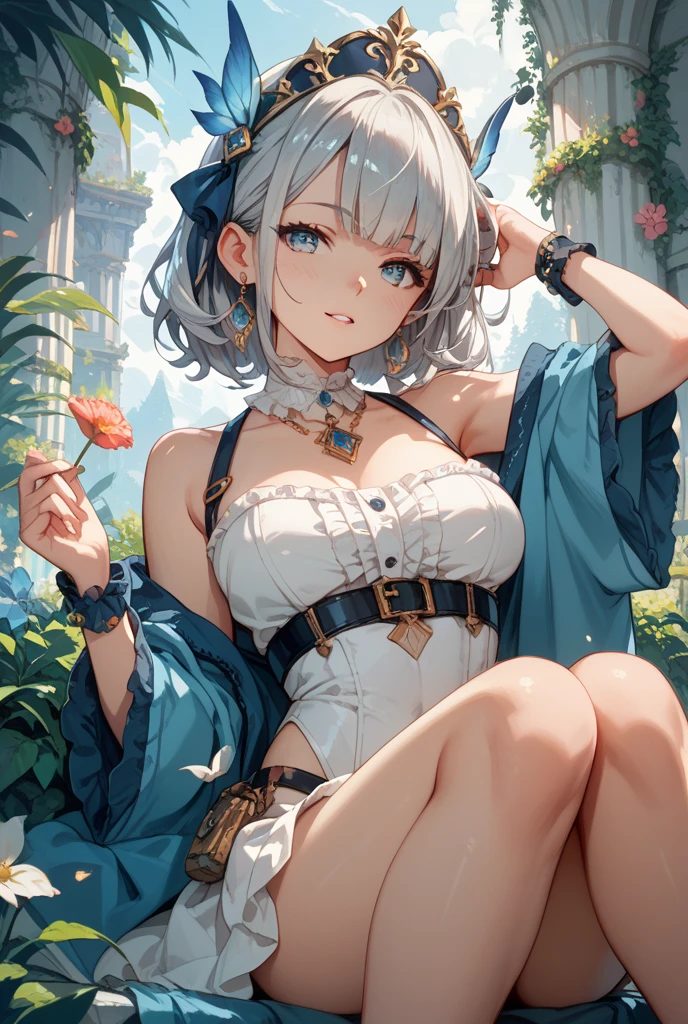 ((Angle from below:1.4、Illuminated from the front))、Beautiful and cute girl、(((Shortcuts、In the background there is a waterfall and mossy ruins....、Angel Halo)))、highest quality、ウルトラ - High resolution、High resolution、Extremely detailed CG、8k unit wallpaper、27 years old、(((Detailed and beautiful face、Beautiful and beautiful eyes,Very large breasts、Platinum Blonde Hair)))、((((((( Dark Skin:2 , Cleavage )))))))、(Black glossy body:1.8),((Sunburn mark))、(((((loose socks、Sweat、A tattered white bandage was wrapped around his chest...、A tattered white loincloth、Thin fabric、Fluttering in the wind、High heels、Stand with your knees wide apart、slouch、Touching your hair、Shiny thick bracelet、Pee、smile、Tattered Fishnet Stockings)))))