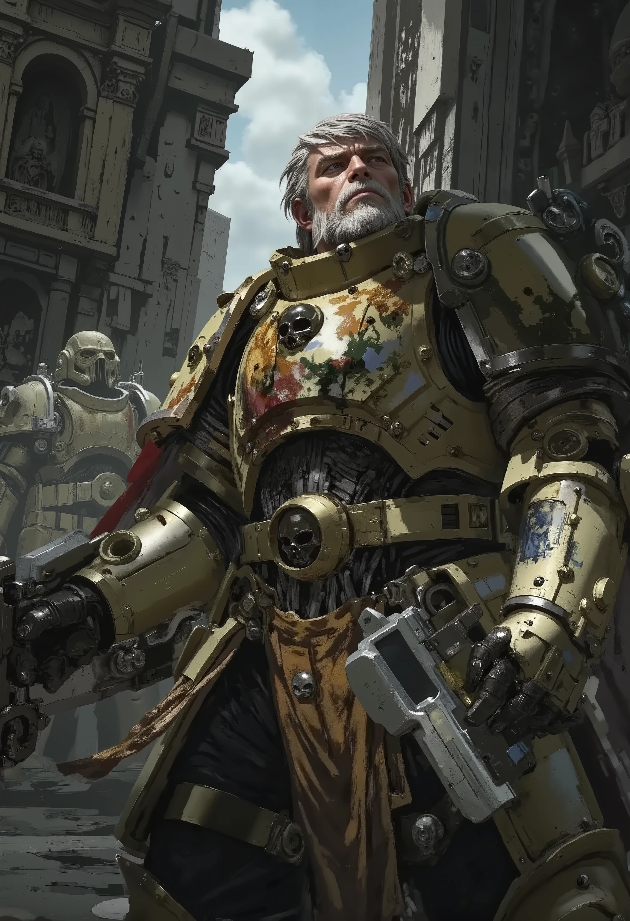 A highly detailed and realistic fantasy character in a dramatic frame. An epic cinematic image of a very old paladin in full ImperialF40k armor. He has a beard and his hair is turning gray. Stylized, highly detailed digital art inspired by the works of Vadim Kashin.