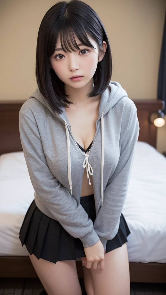 muste piece, best quality, illustration, Super detailed, fine details, High resolution, 8K,wall paper, perfect dynamic composition,(Details High quality, realistic depiction of eyes:1.3), Oversized Light Grey Hoodie, Erotic Shorts, short bob hair, Lying down, black hair color, Big Natural Color Lip, bold sexy pose, (perfect body shape), crying a little、cold gaze, Harajuku style、20 year old girl、cute type、lolita、beautiful legs, hotel room, hposing Gravure Idol, Voluptuous thighs, large hip