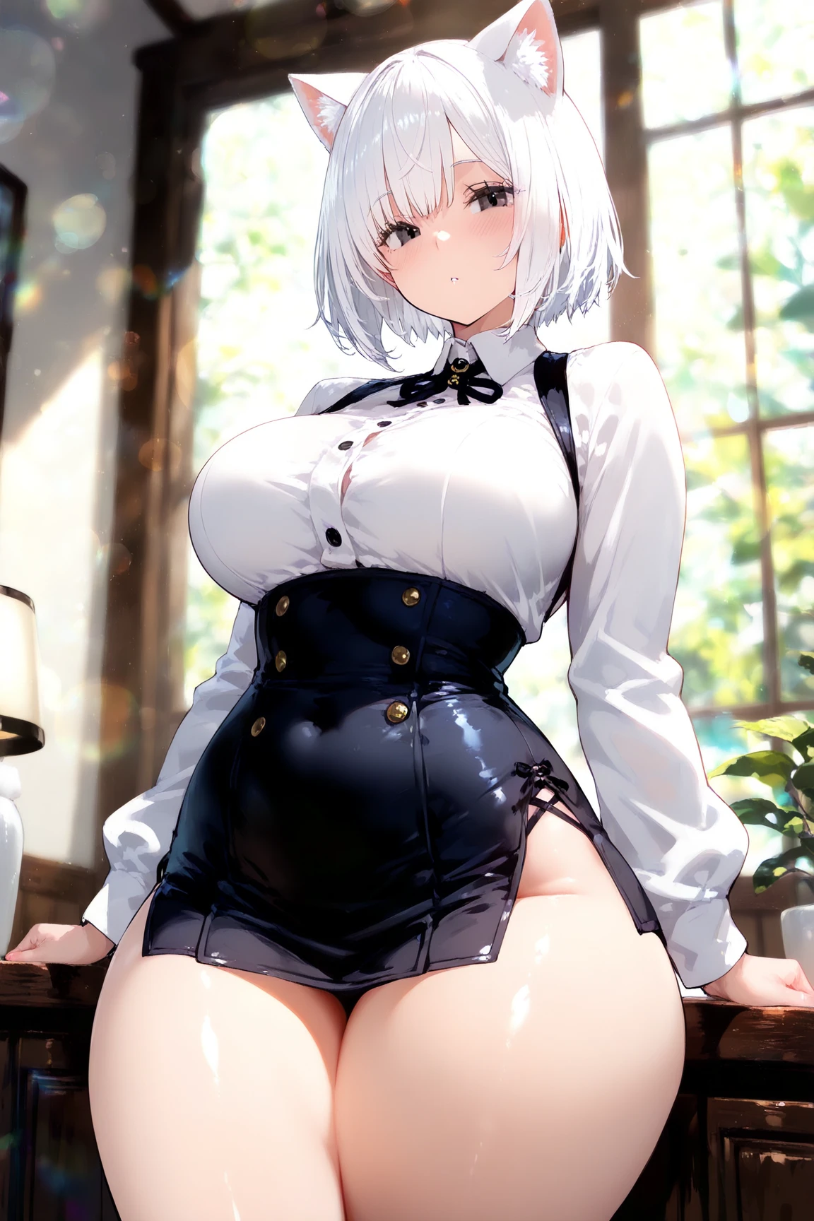 ((extremely realistic shading, masterpiece, extremely detailed, photorealistic)) Silver short hair, purple eyes, maid attire, white stockings, full body shot, NSFW, sexy scene, sensual pose,