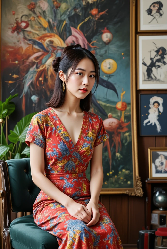 A beautiful asian artist sitting confidently on the chair. The woman is dressed in colorful, traditional outfit that blends well with the aesthetic of the room. Her posture is relax, a bit smile. Behind her is a large canvas with expressive and abstract painting, surreal artwork. The room is filled with ecletic and colorful decor.