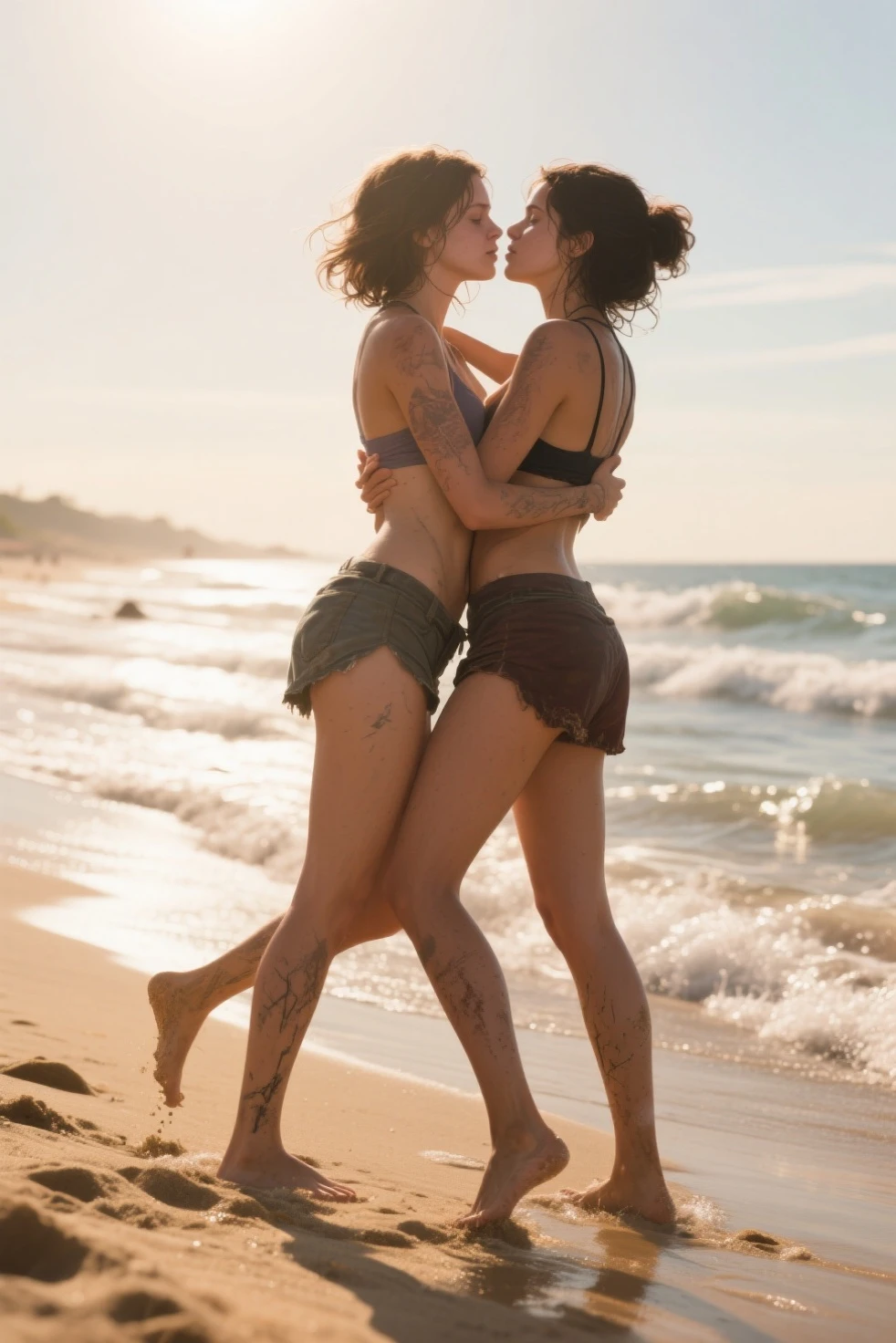 Italian women kissing on the beach wearing bikini.They're kissing with their tongues.tongue kissing.pressionando os seios uns dos outros.Imagem HD