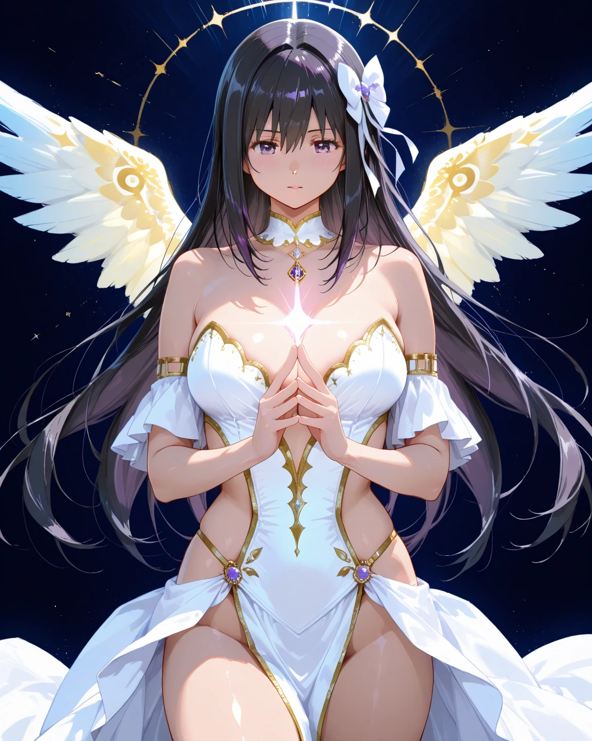 (8k, highest quality, masterpiece: 1.3), (realistic, photorealistic: 1.5), ultra detailed, (((((1 beautiful goddess of love)))))), (no humans), solo, (spirit of light), wide viewing angle, starry garden, lots of tiny faint lights flying around, night, starry sky, exquisite details, splash screen, 8K resolution, masterpiece, gentle smile, mysterious background, aura, looking at you, gaze of love, I love you, black hair, long hair, bangs, black eyes, big eyes, big breasts, slender, (((((squatting, arms behind head,spread legs, double peace))))), hands clasping, golden ratio, (((((dynamic white sexy dress: 1.5)))))), (((((see-through: 1.3))))), pale and shining body, dynamic composition, ((((★looking at viewer)))),
