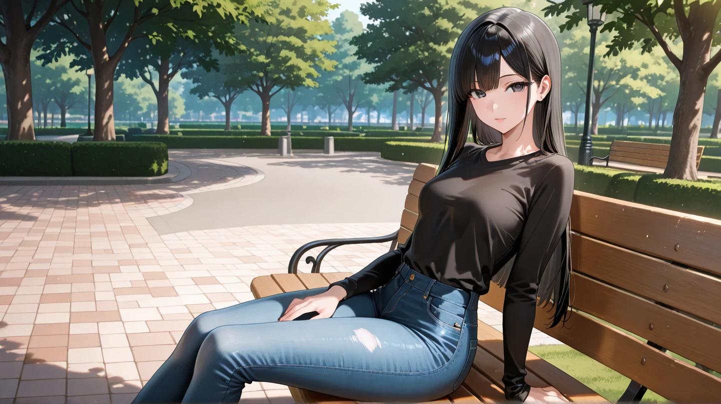 1 Girl,Solitary,best quality, masterpiece, 8K,Raw photo, photo (Purpose), Extremely detailed, Raw,Practical,sit, Looking at the audience,jeans,White T-shirt,Long hair,Black Hair, bench,