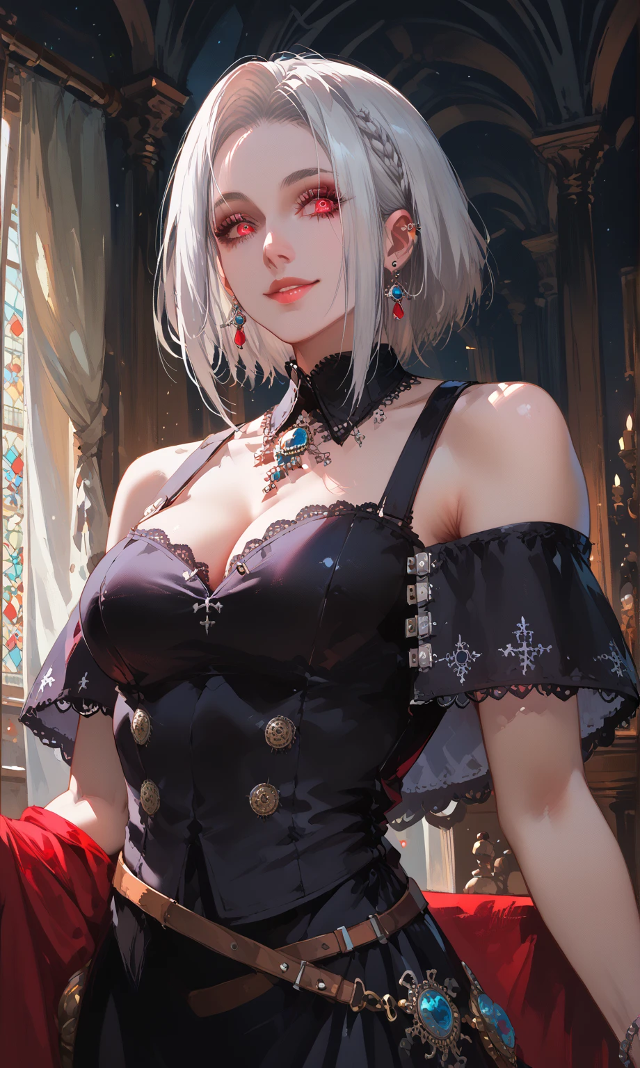 Yora no. 2 Type B, 1girl, WLOP, (headband), breasts, cleavage, cleavage cutout, clothing cutout, green background, hair between eyes, hair band, high resolution, Juliette sleeves, long sleeves, deny (Series), deny automata, puff sleeves, red lips, ombre face, short hair, only, turtleneck, upper body, white hair, sky