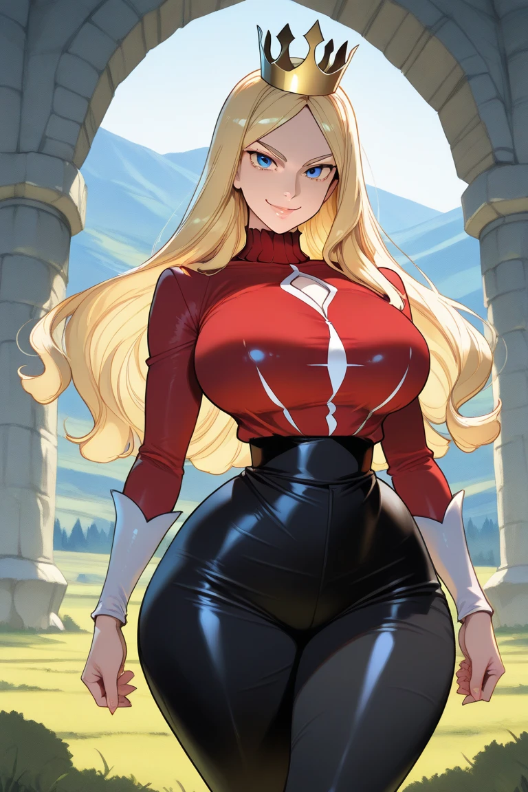 hotify, (prettyeyes), masterpiece, best quality, high quality, ultra-detailed illustration, 1girl, wavy blonde ponytail, green eyes, (medieval knight armor, medieval pants, red cloak, sfw), hand on hips, (medieval town square)
<lora:carrot_mix:0.7>